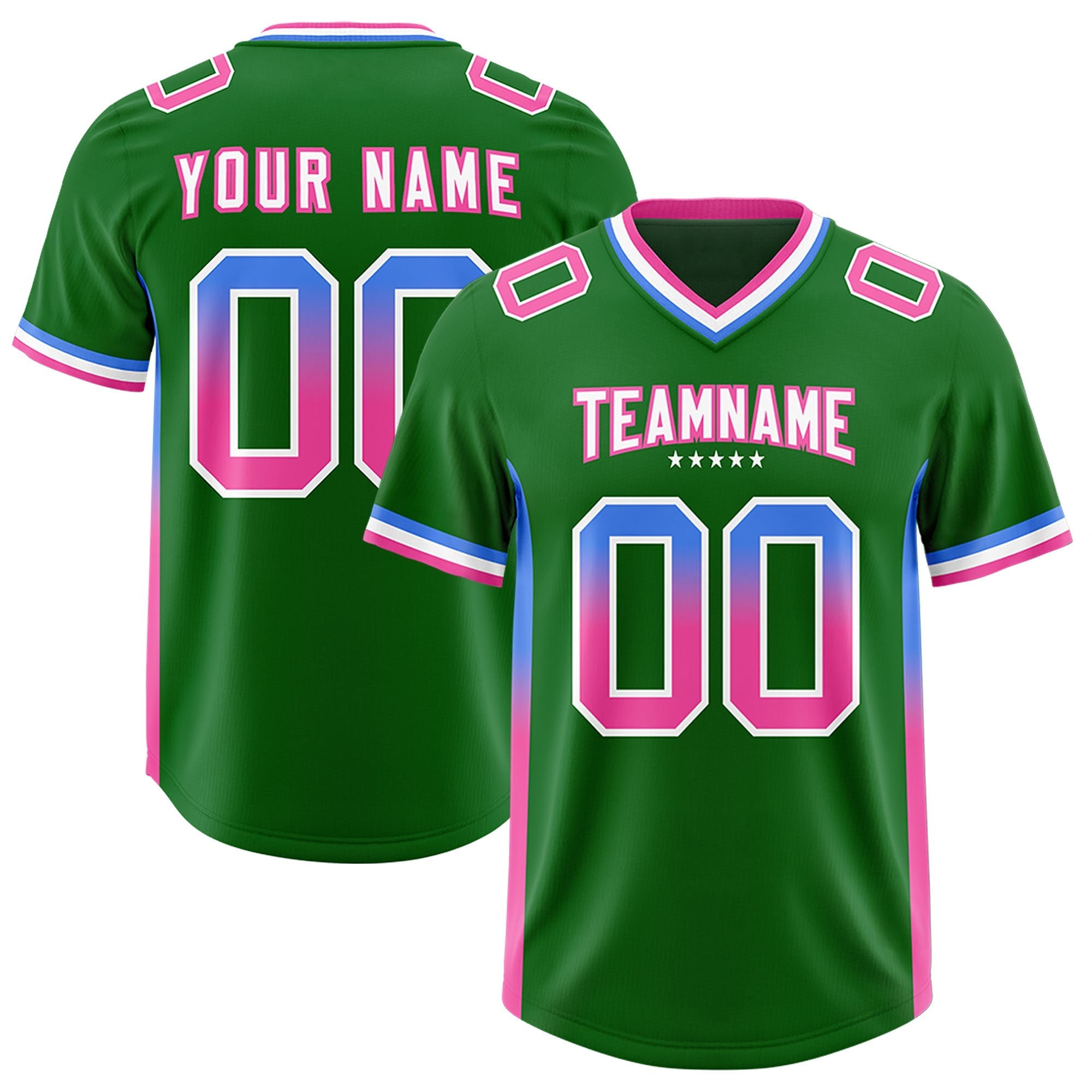 Custom Kelly Green Powder Blue and Pink Sides Gradient Fashion Personalized Team American Football Jersey