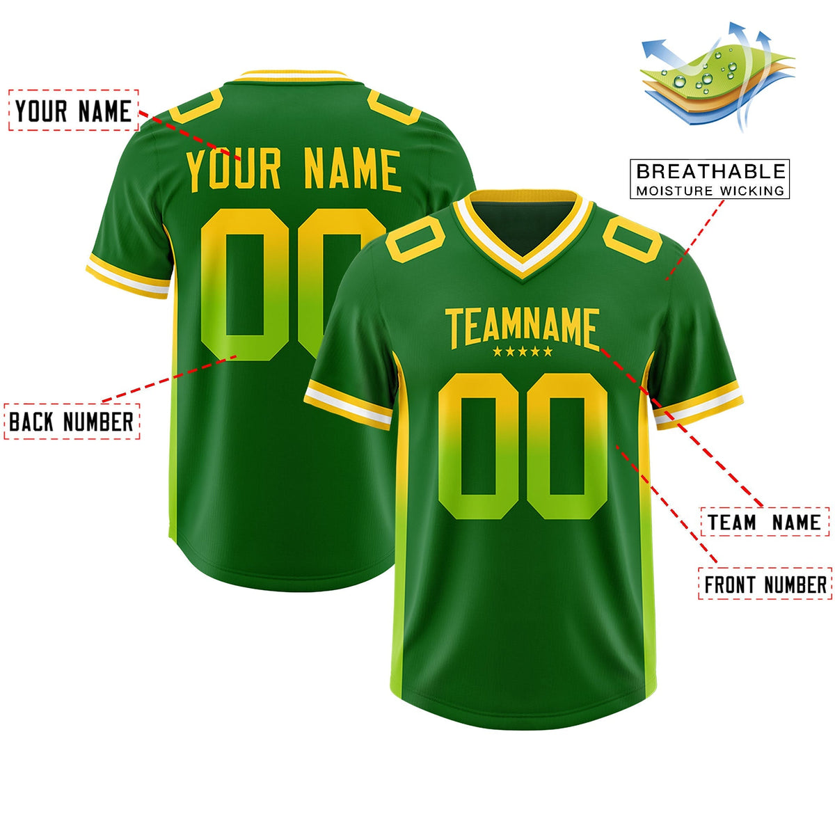 Custom Kelly Green Gold Sides Gradient Fashion Personalized Team American Football Jersey