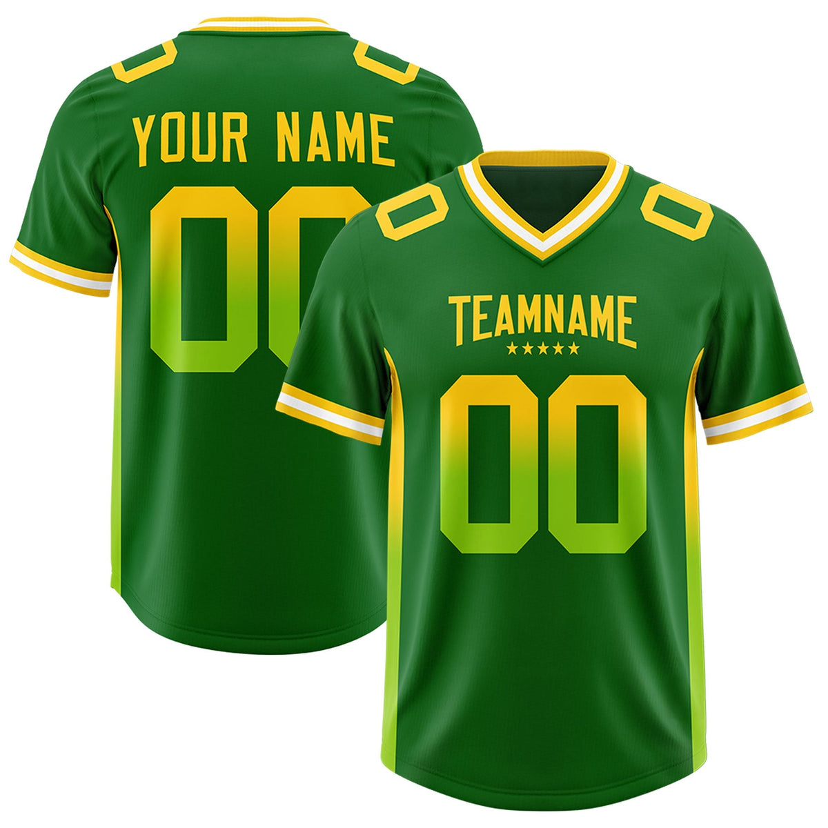 Custom Kelly Green Gold Sides Gradient Fashion Personalized Team American Football Jersey