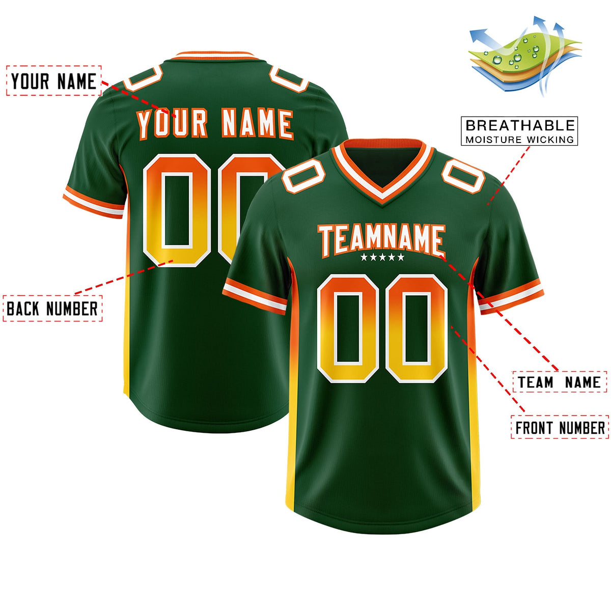 Custom Green Orange and Gold Sides Gradient Fashion Personalized Team American Football Jersey