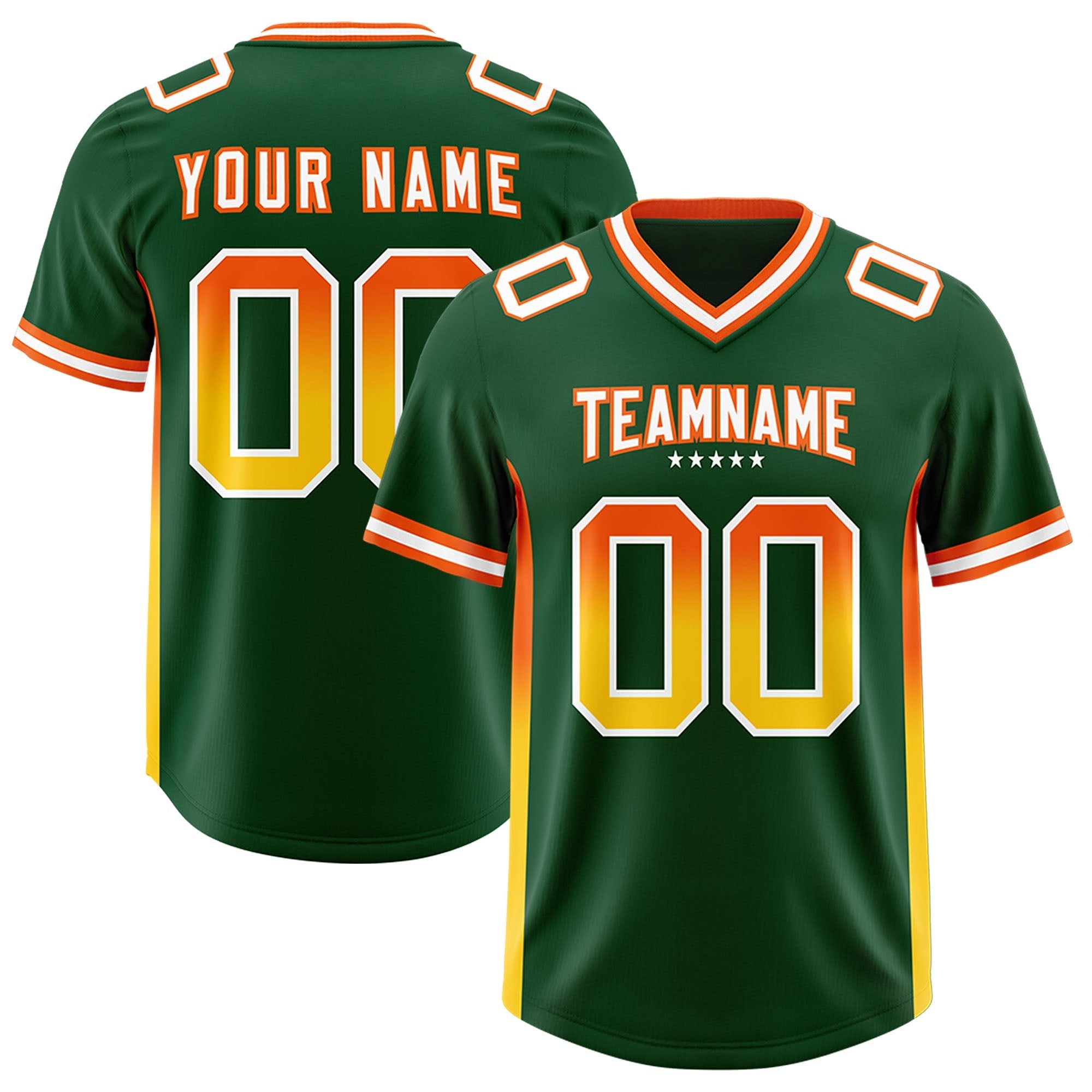 Custom Green Orange and Gold Sides Gradient Fashion Personalized Team American Football Jersey