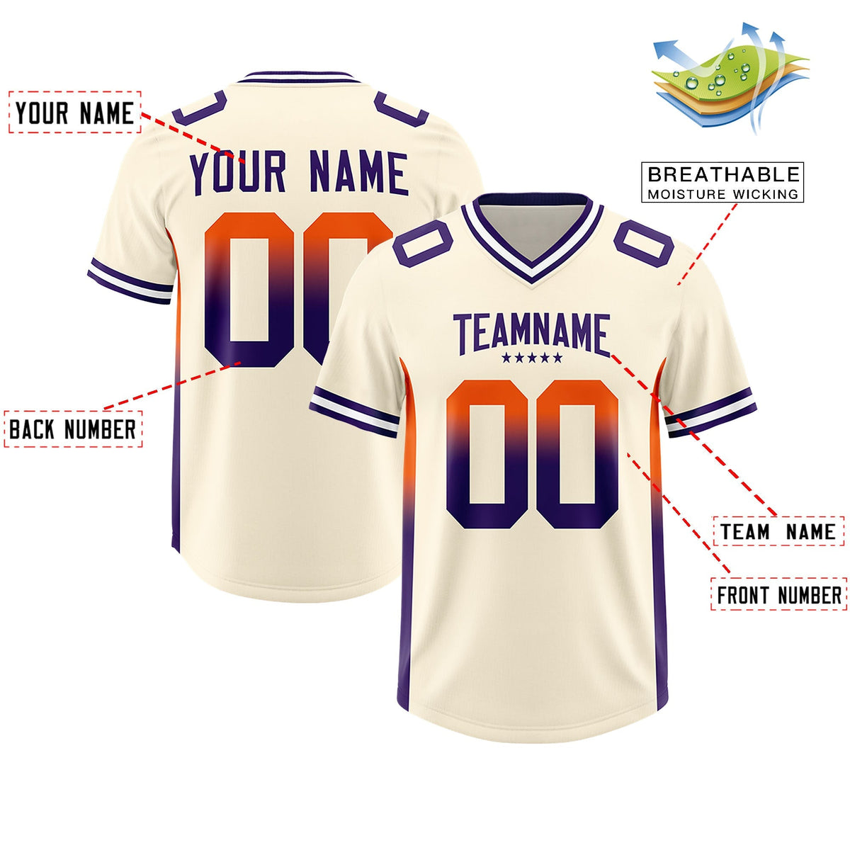 Custom Cream Orange and Purple Sides Gradient Fashion Personalized Team American Football Jersey