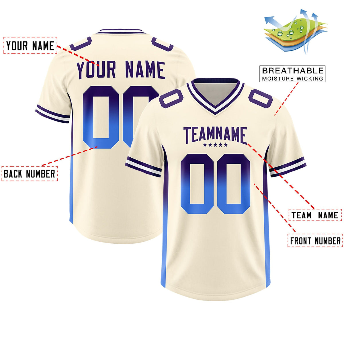Custom Cream Purple and Powder Blue Sides Gradient Fashion Personalized Team American Football Jersey