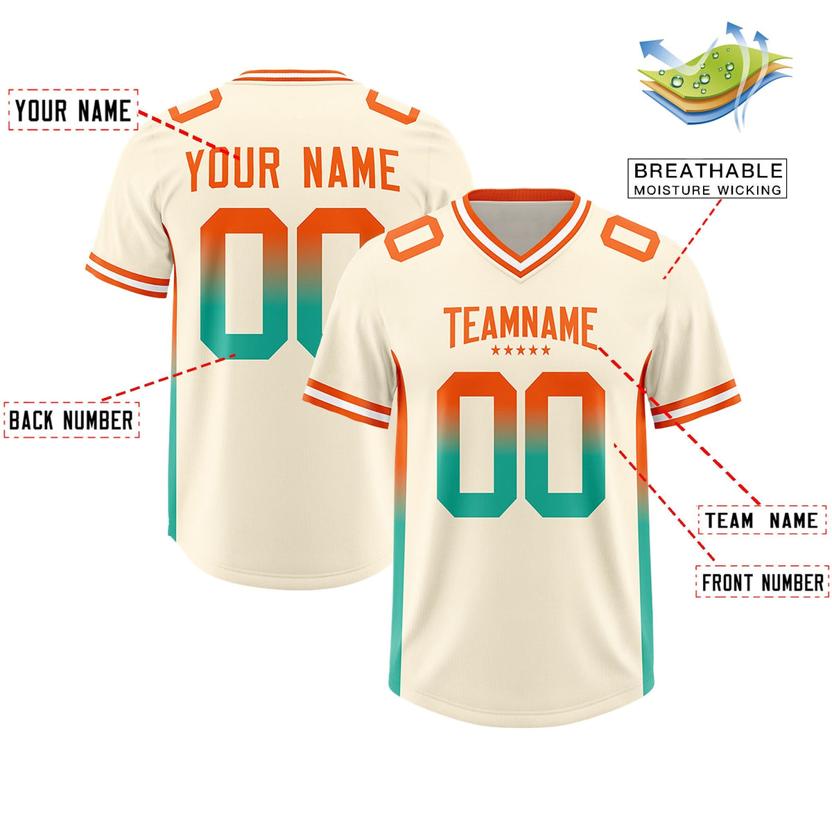 Custom Cream Orange and Bright Green Sides Gradient Fashion Personalized Team American Football Jersey