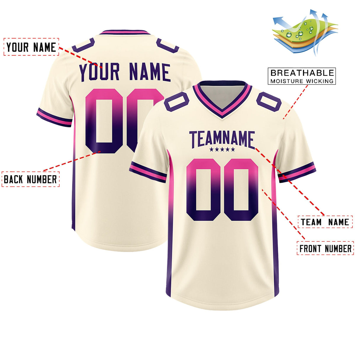 Custom Cream Pink and Purple Sides Gradient Fashion Personalized Team American Football Jersey