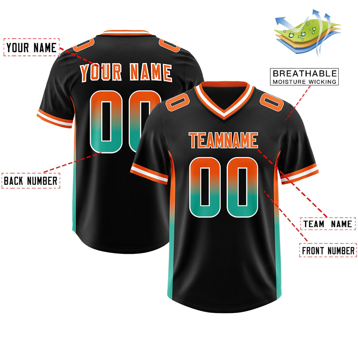 Custom Black Orange and Bright Green Sides Gradient Fashion Personalized Team American Football Jersey