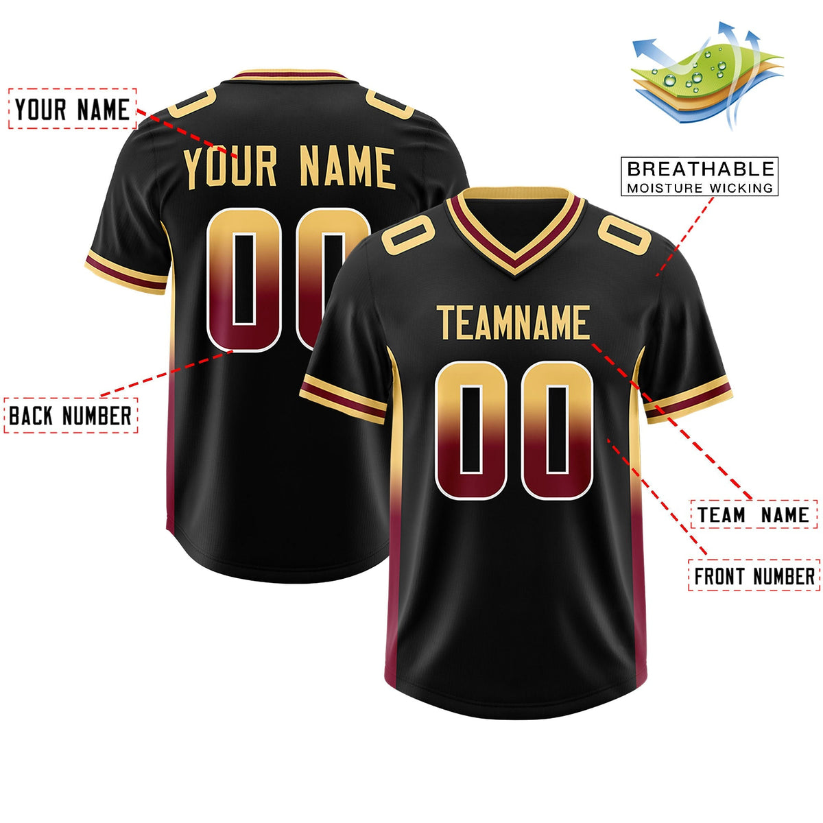 Custom Black Khaki and Cardinal Sides Gradient Fashion Personalized Team American Football Jersey