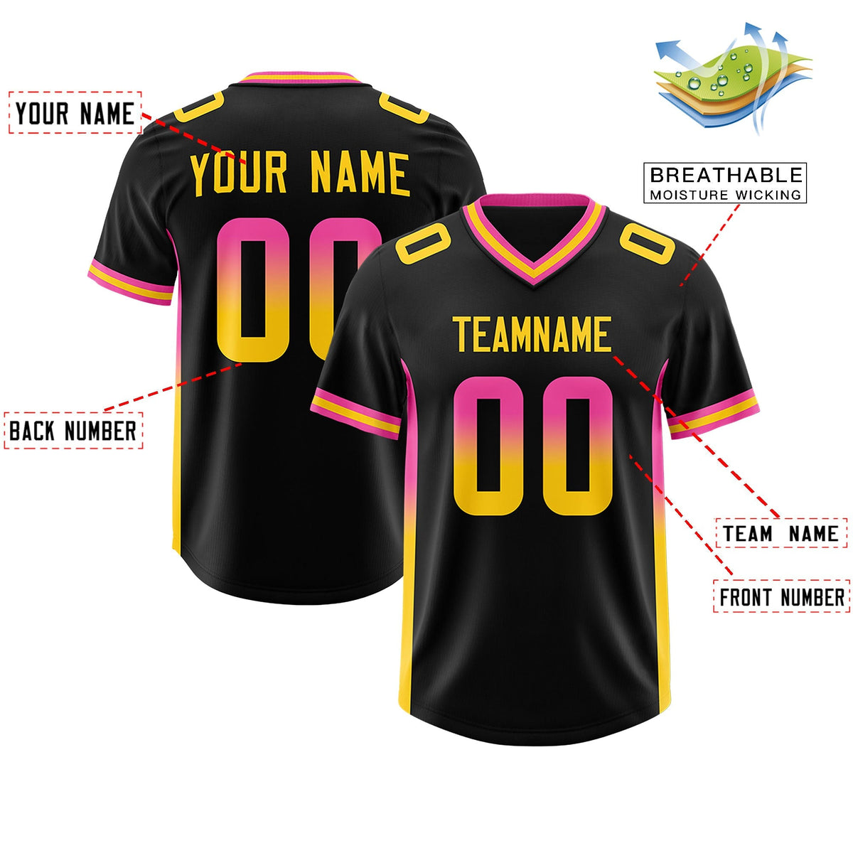 Custom Black Pink and Gold Sides Gradient Fashion Personalized Team American Football Jersey
