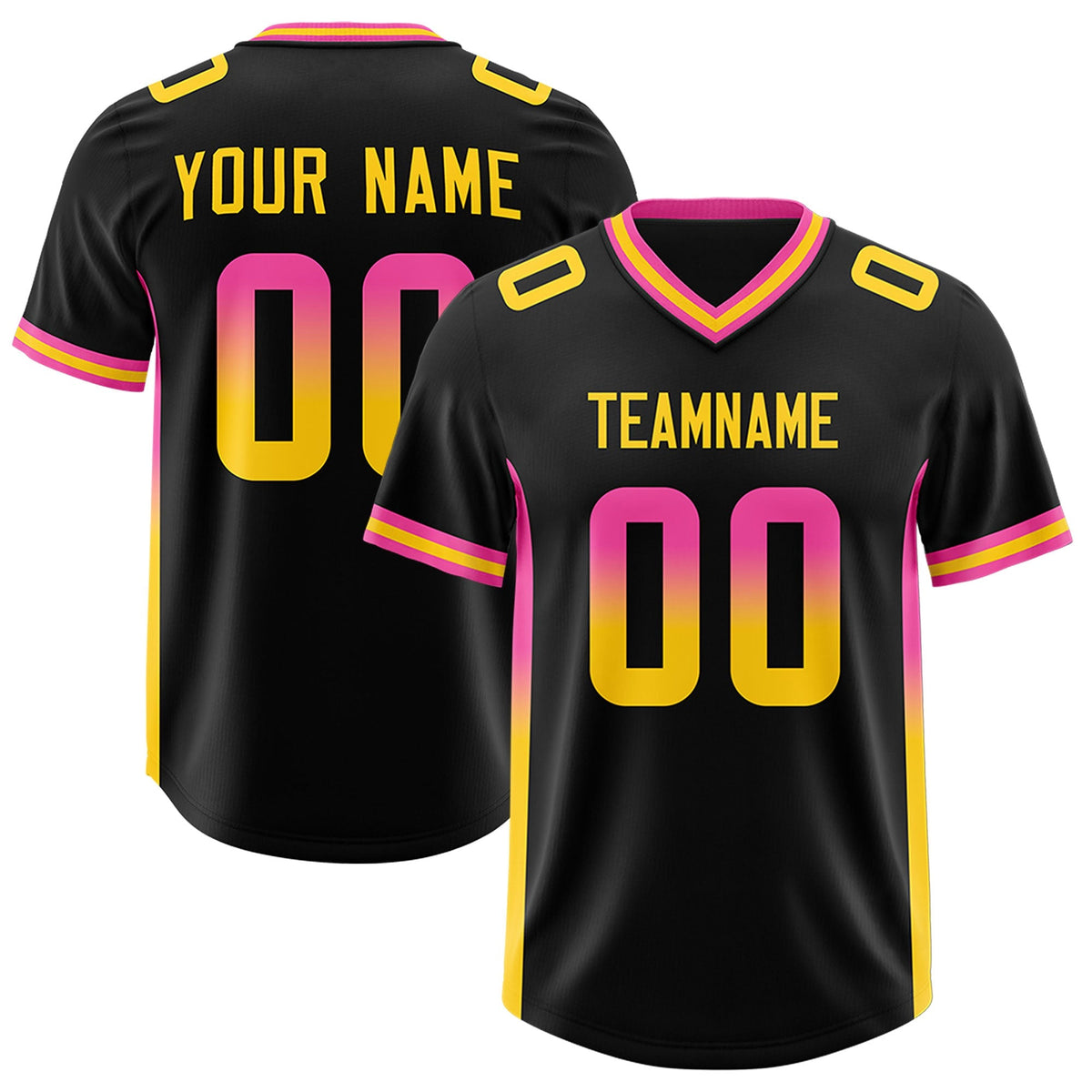 Custom Black Pink and Gold Sides Gradient Fashion Personalized Team American Football Jersey
