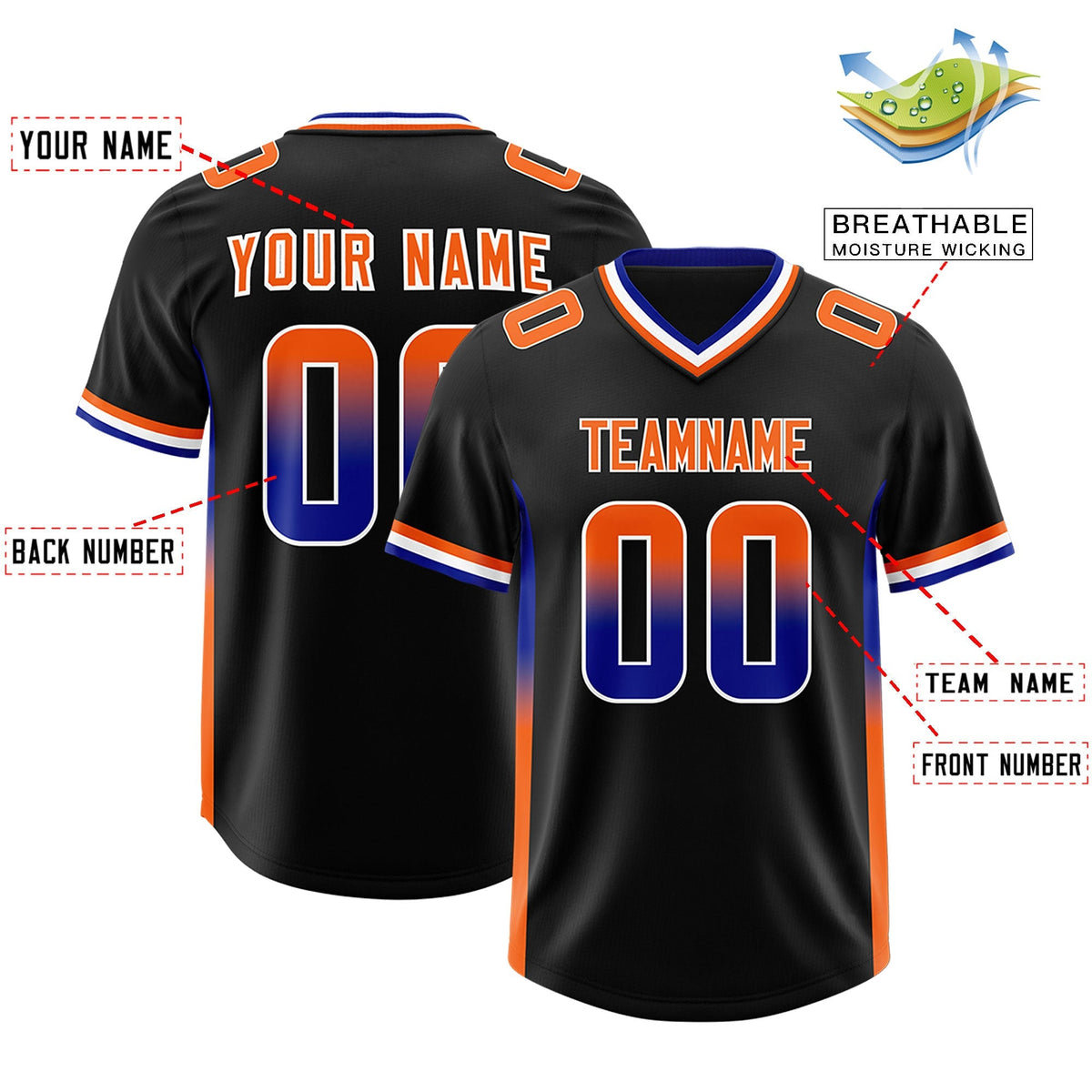 Custom Black Royal and Orange Sides Gradient Fashion Personalized Team American Football Jersey