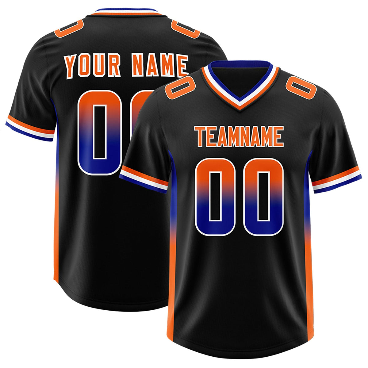 Custom Black Royal and Orange Sides Gradient Fashion Personalized Team American Football Jersey