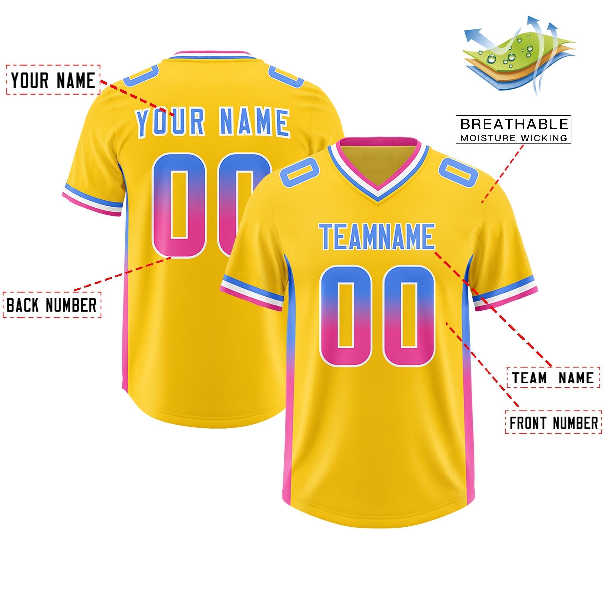 Custom Gold Powder Blue and Pink Sides Gradient Fashion Personalized Team American Football Jersey