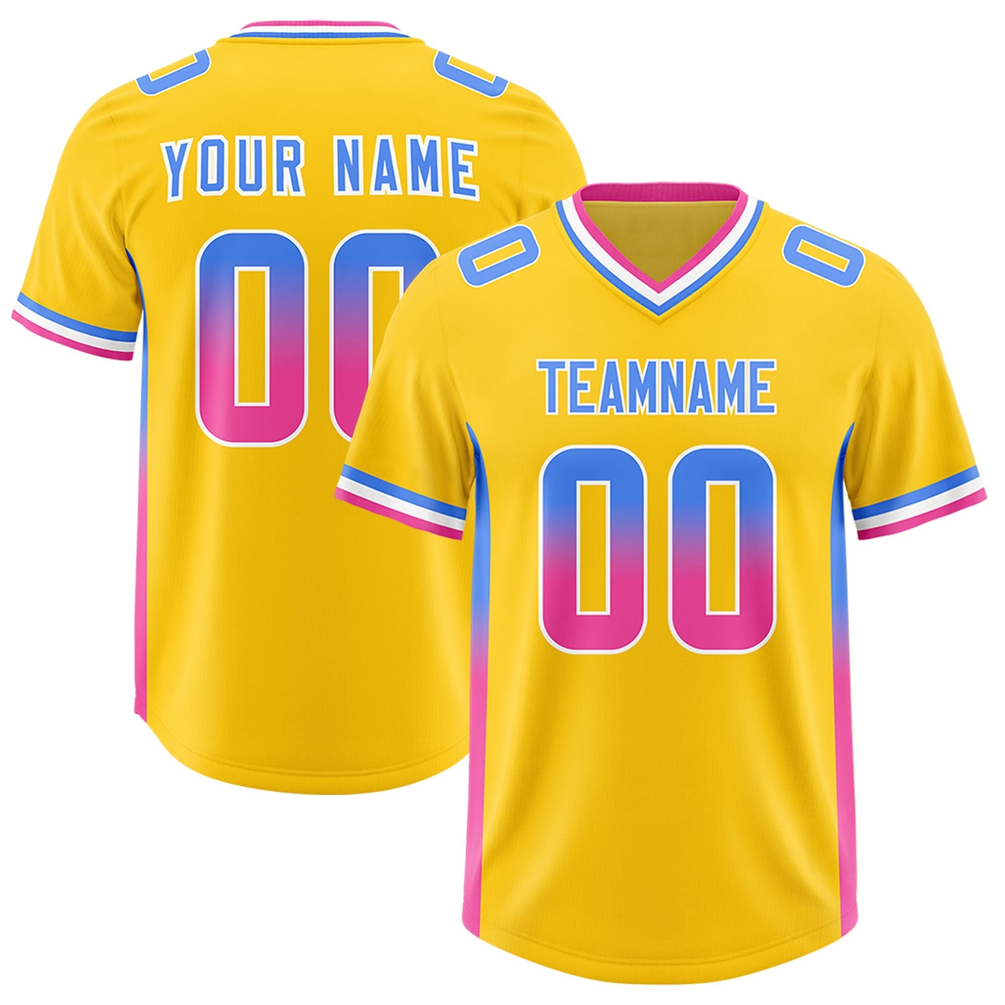 Custom Gold Powder Blue and Pink Sides Gradient Fashion Personalized Team American Football Jersey