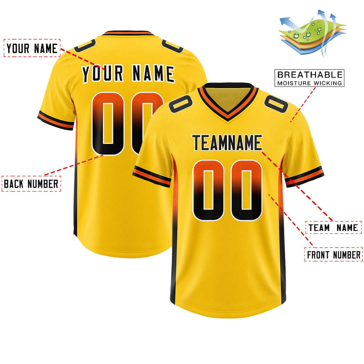 Custom Gold Orange and Black Sides Gradient Fashion Personalized Team American Football Jersey