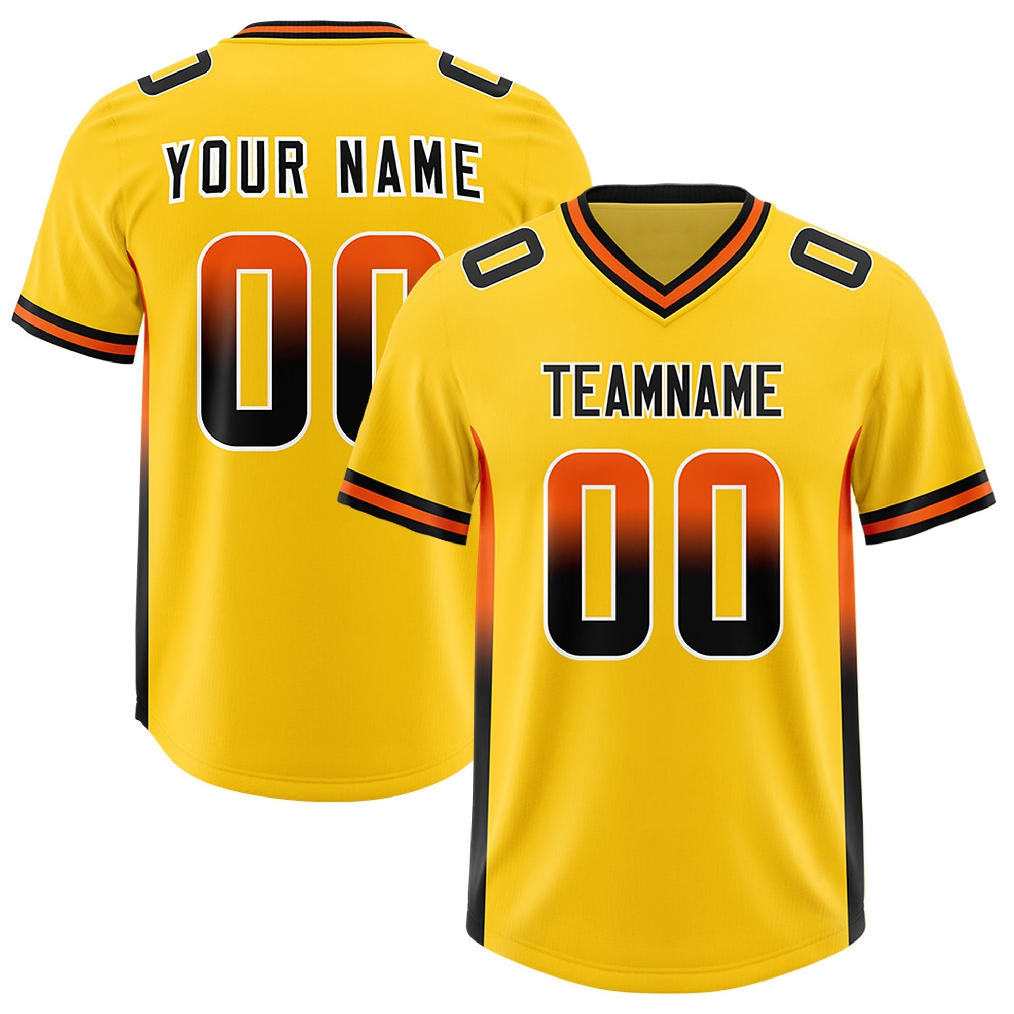 Custom Gold Orange and Black Sides Gradient Fashion Personalized Team American Football Jersey