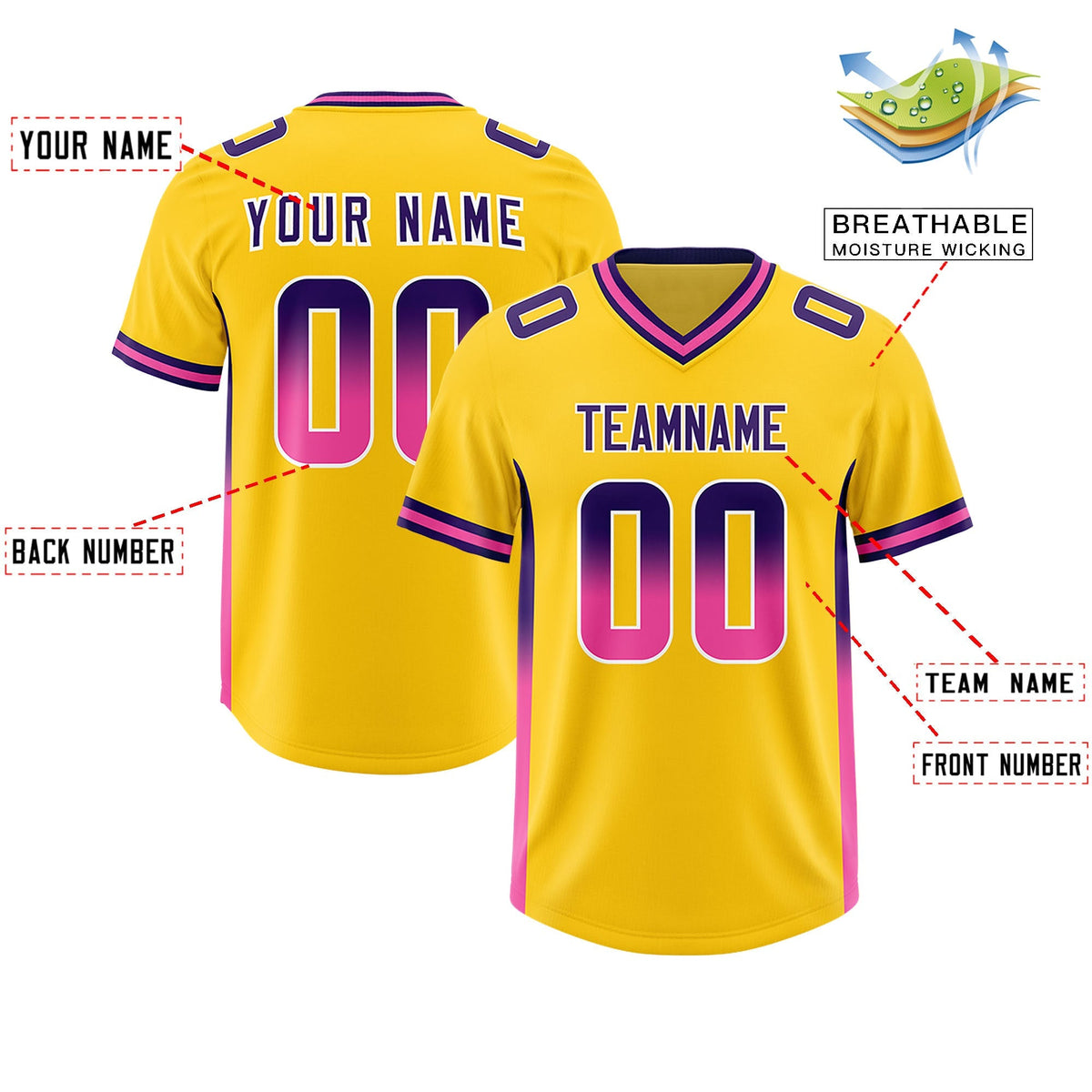 Custom Gold Purple and Pink Sides Gradient Fashion Personalized Team American Football Jersey