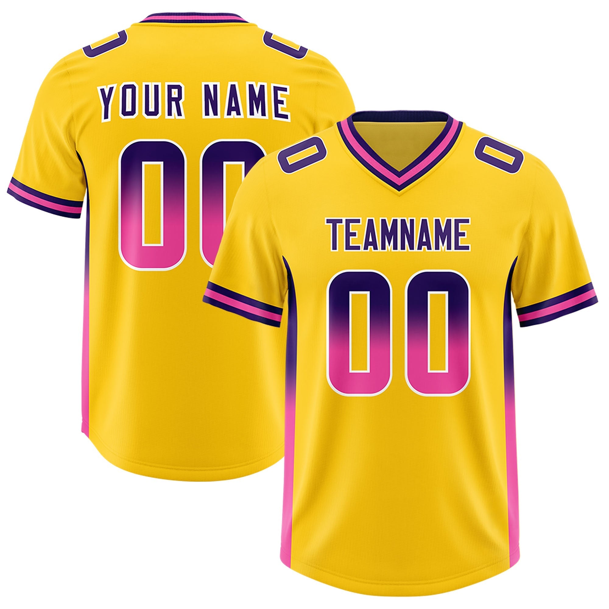 Custom Gold Purple and Pink Sides Gradient Fashion Personalized Team American Football Jersey