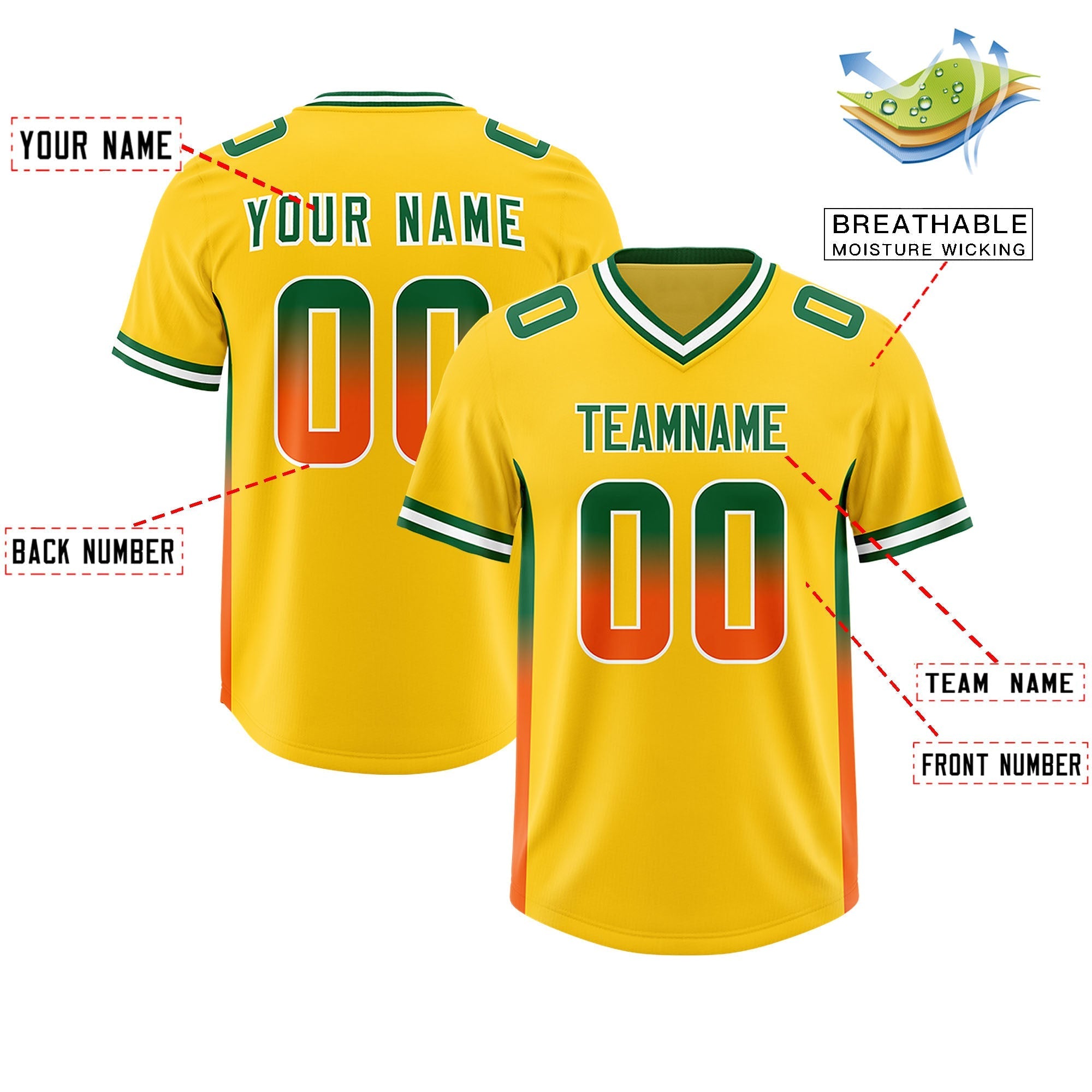 Custom Gold Kelly Green and Orange Sides Gradient Fashion Personalized Team American Football Jersey