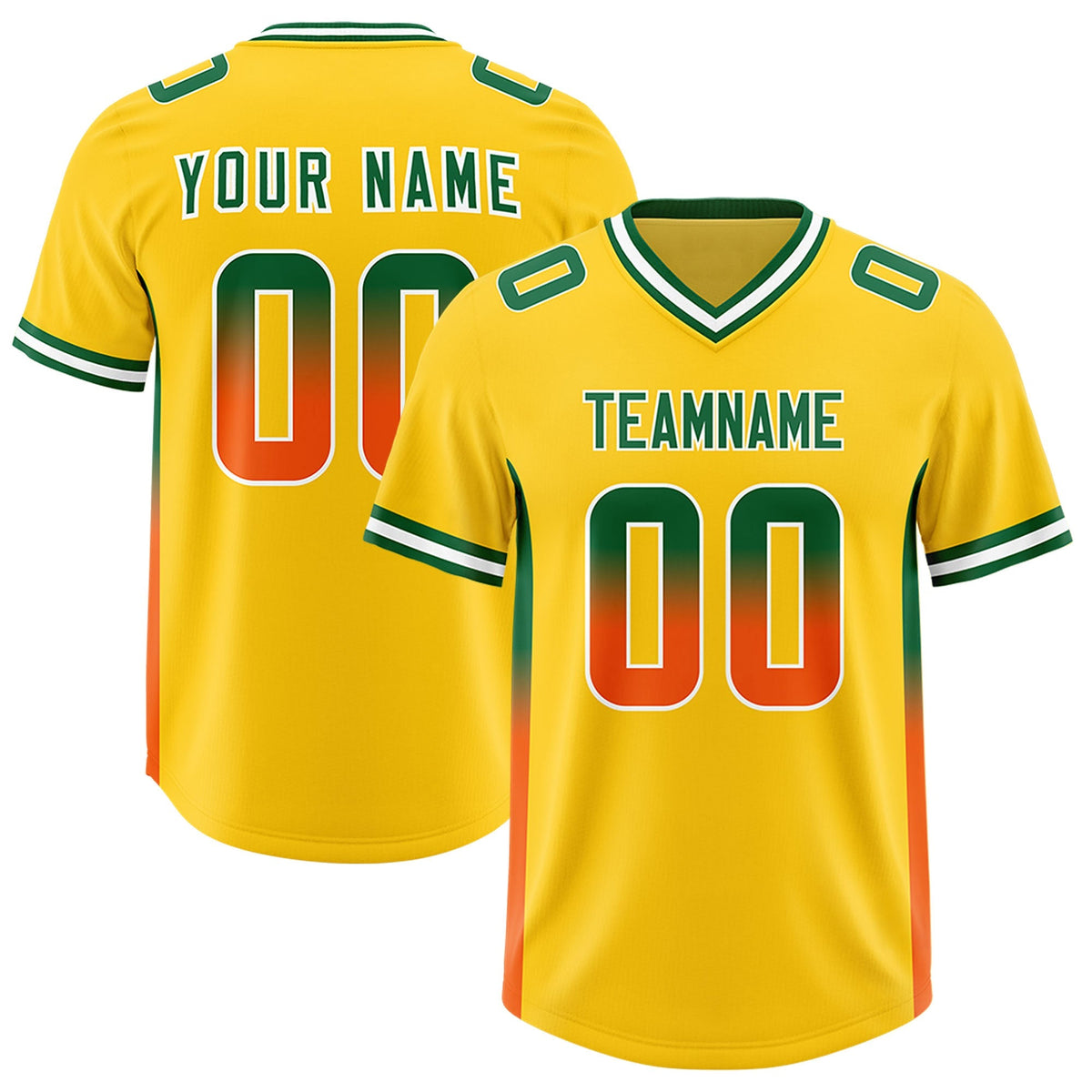 Custom Gold Kelly Green and Orange Sides Gradient Fashion Personalized Team American Football Jersey