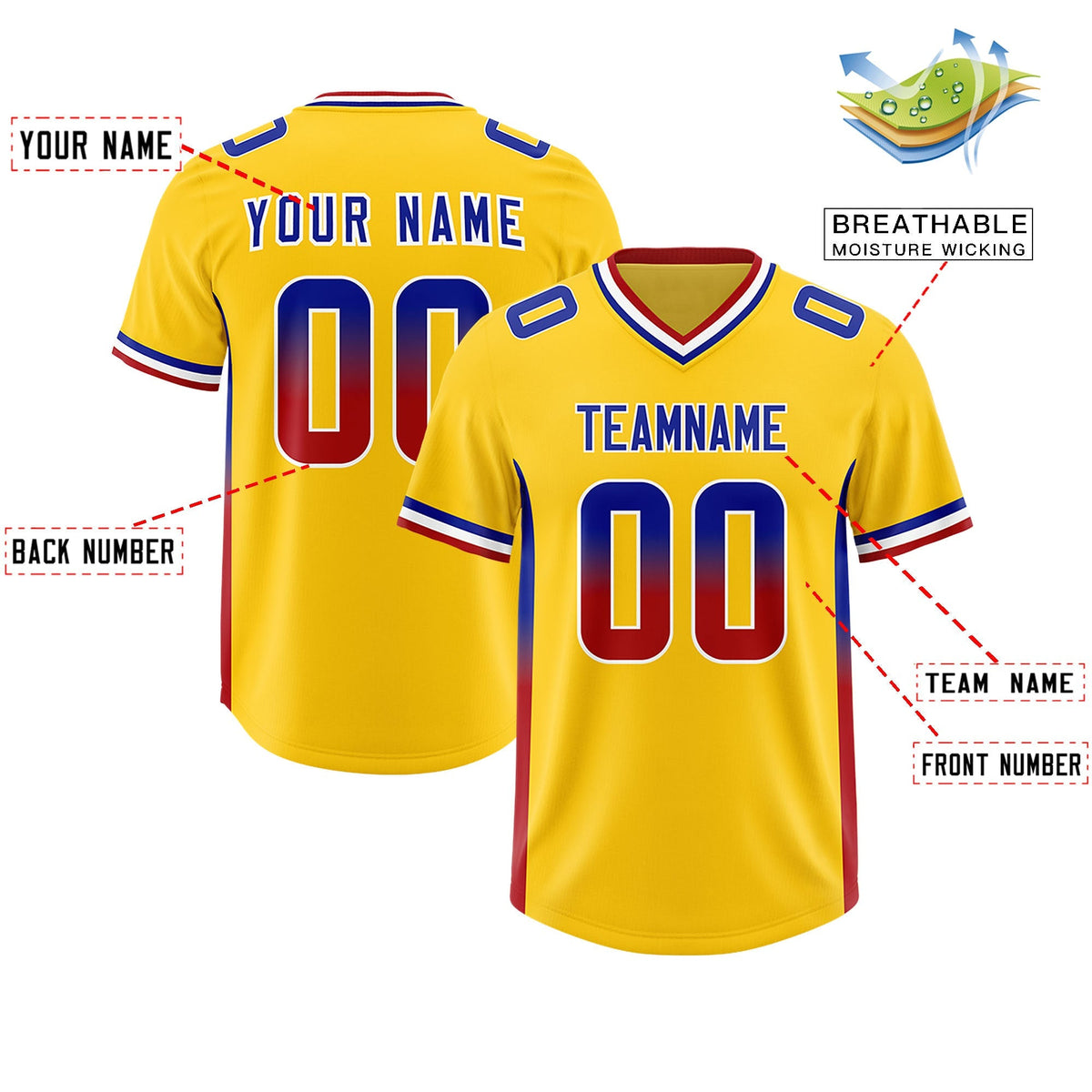 Custom Gold Royal and Red Sides Gradient Fashion Personalized Team American Football Jersey