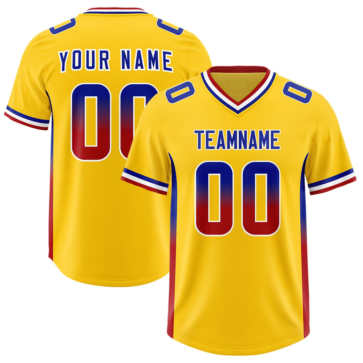 Custom Gold Royal and Red Sides Gradient Fashion Personalized Team American Football Jersey
