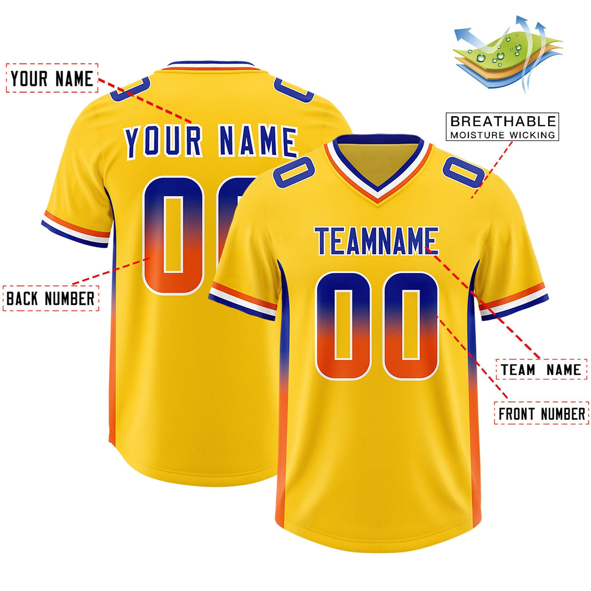 Custom Gold Royal and Orange Sides Gradient Fashion Personalized Team American Football Jersey