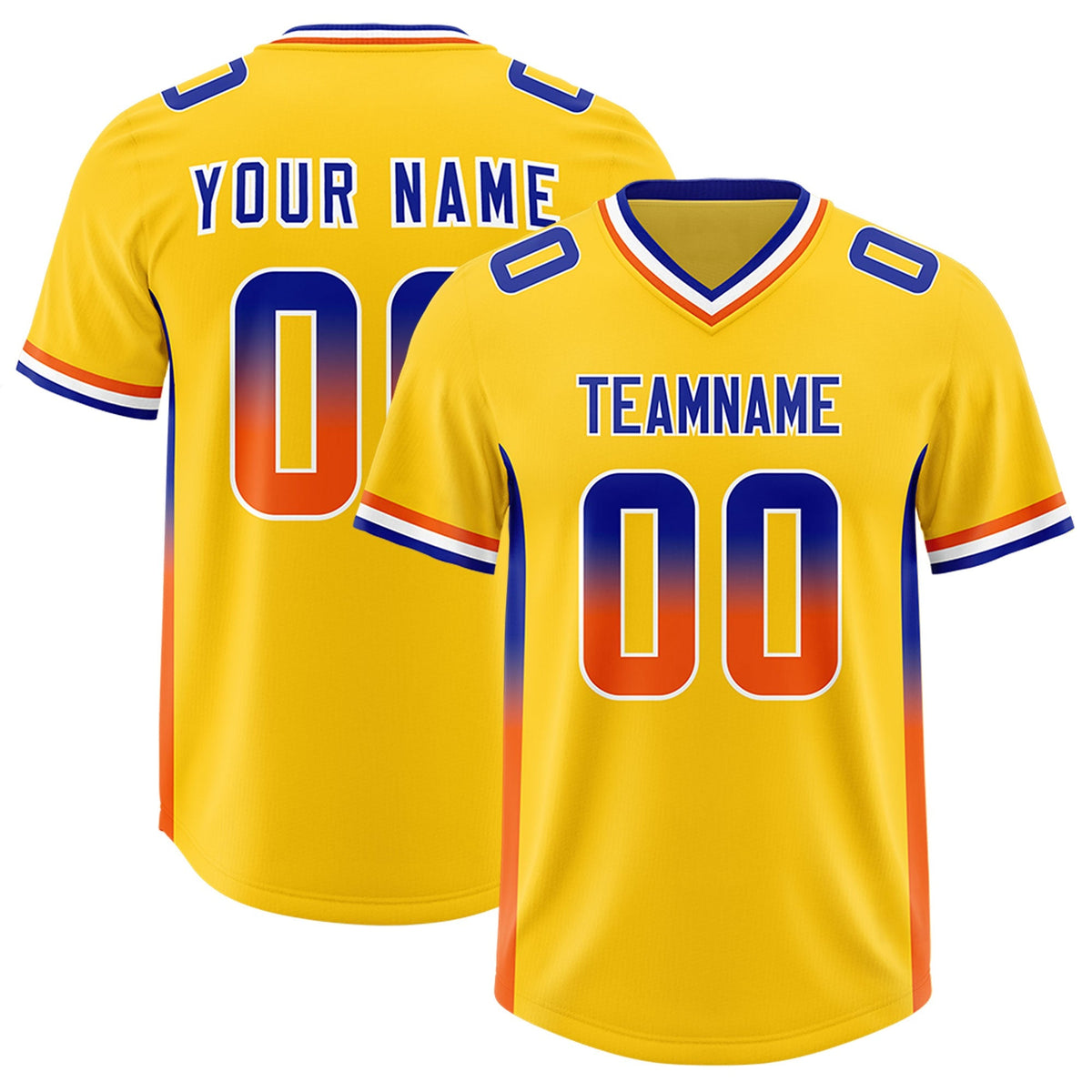 Custom Gold Royal and Orange Sides Gradient Fashion Personalized Team American Football Jersey