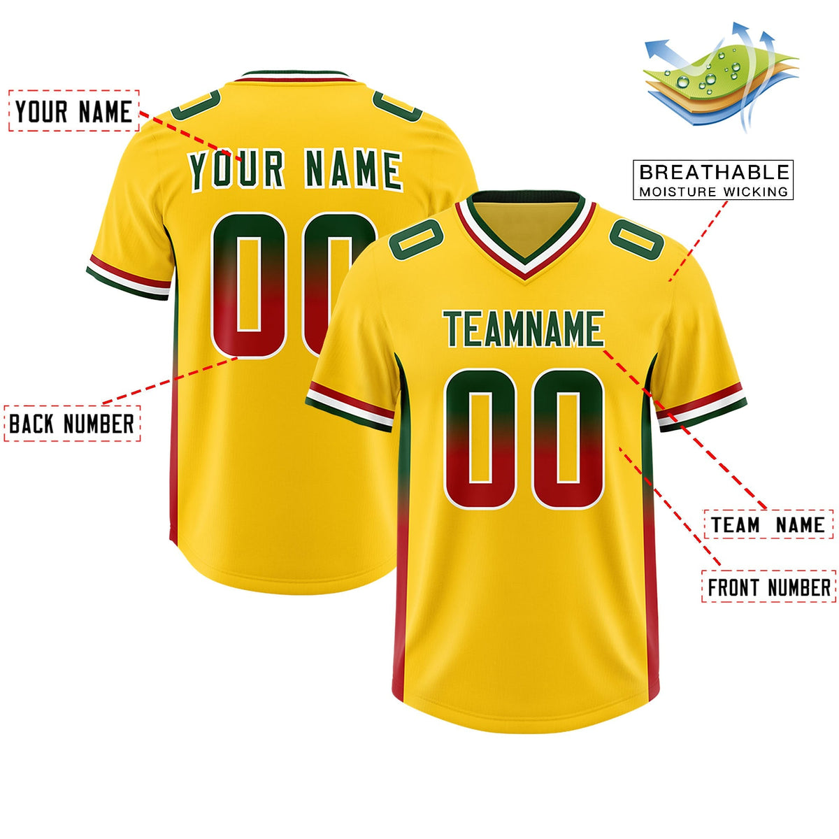 Custom Gold Green and Red Sides Gradient Fashion Personalized Team American Football Jersey