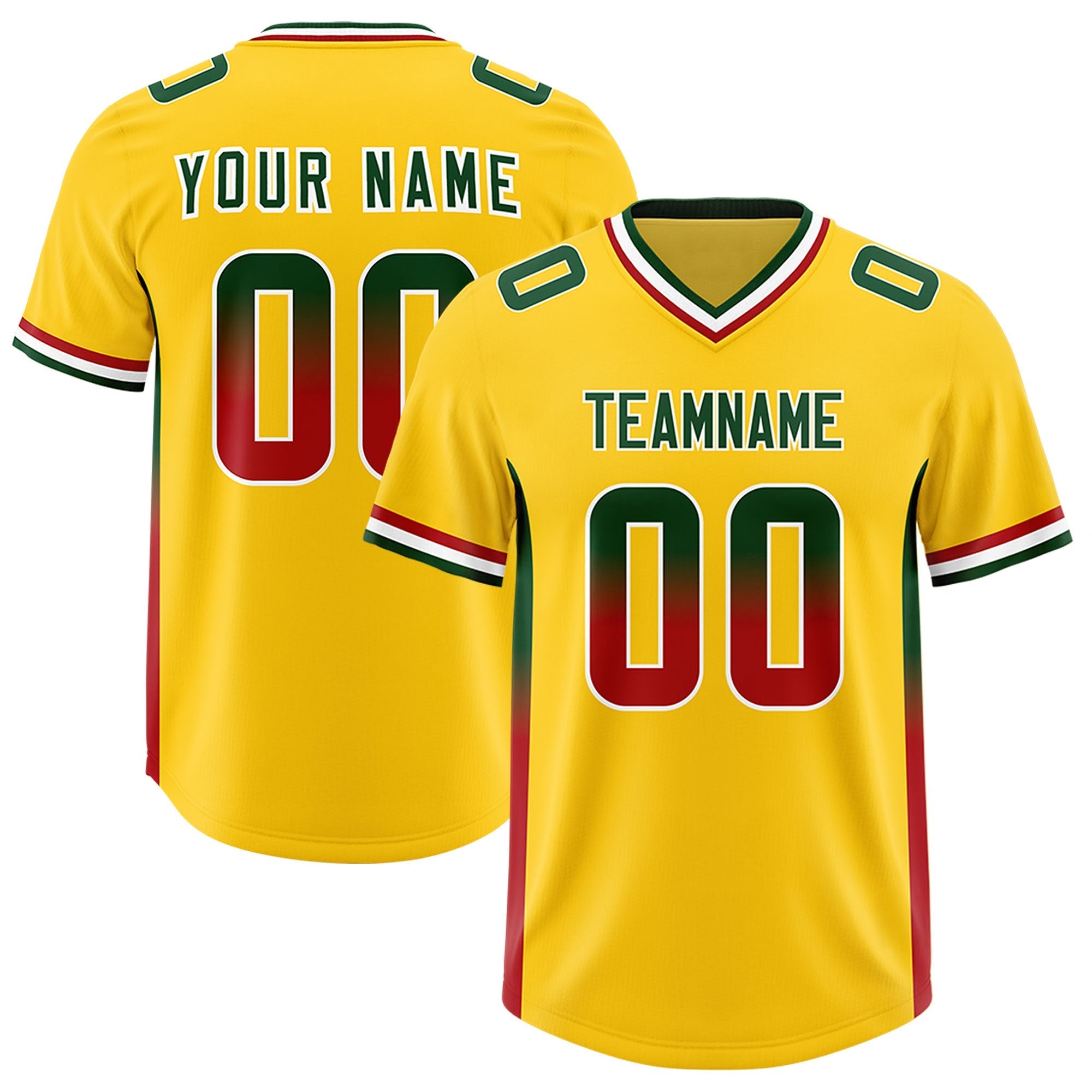 Custom Gold Green and Red Sides Gradient Fashion Personalized Team American Football Jersey