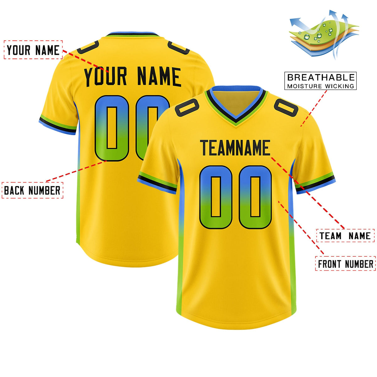 Custom Gold Powder Blue and Neon Green Sides Gradient Fashion Personalized Team American Football Jersey
