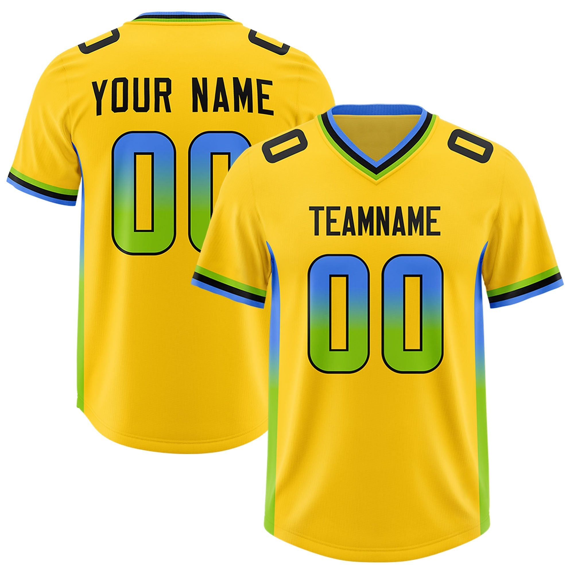 Custom Gold Powder Blue and Neon Green Sides Gradient Fashion Personalized Team American Football Jersey