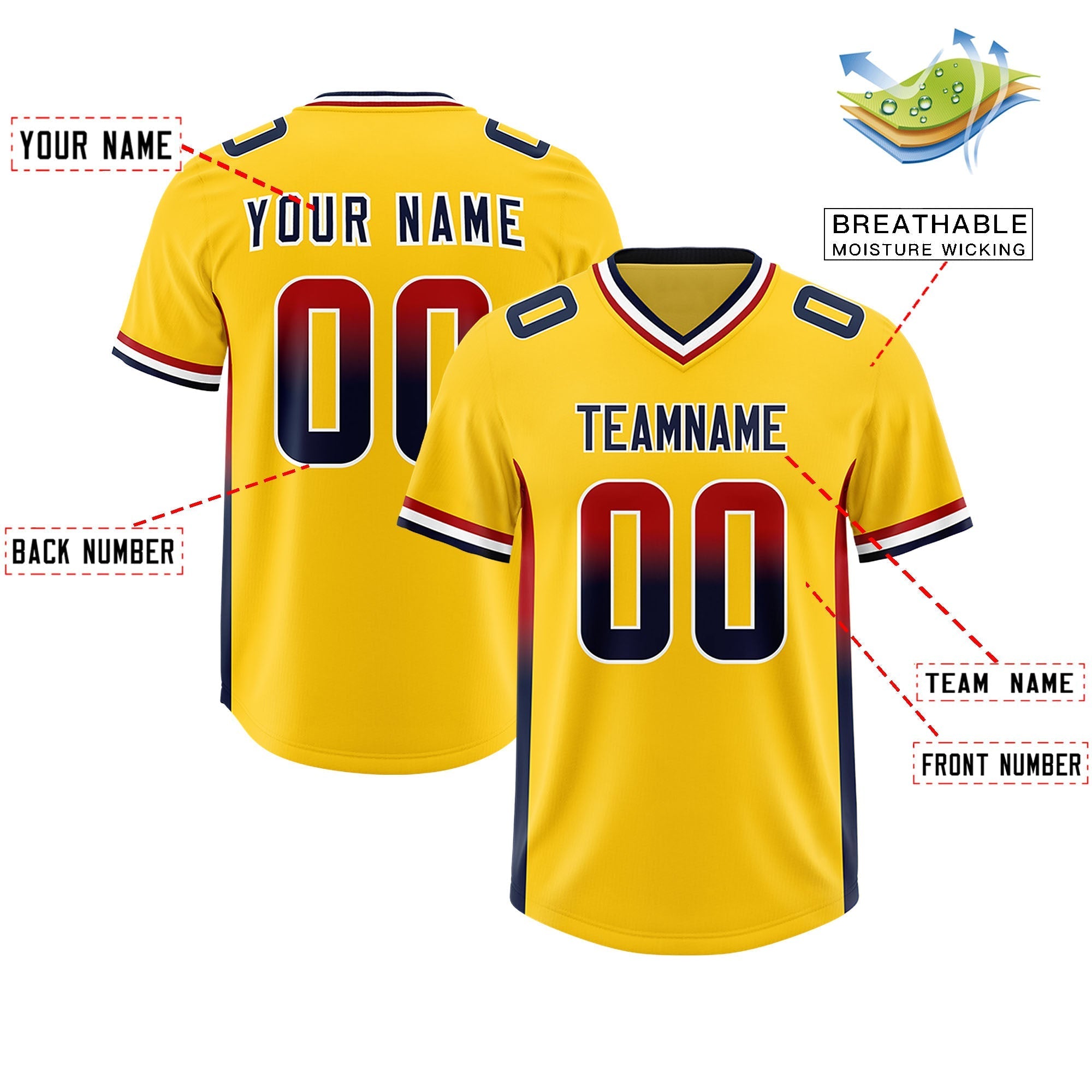 Custom Gold Red and Navy Sides Gradient Fashion Personalized Team American Football Jersey