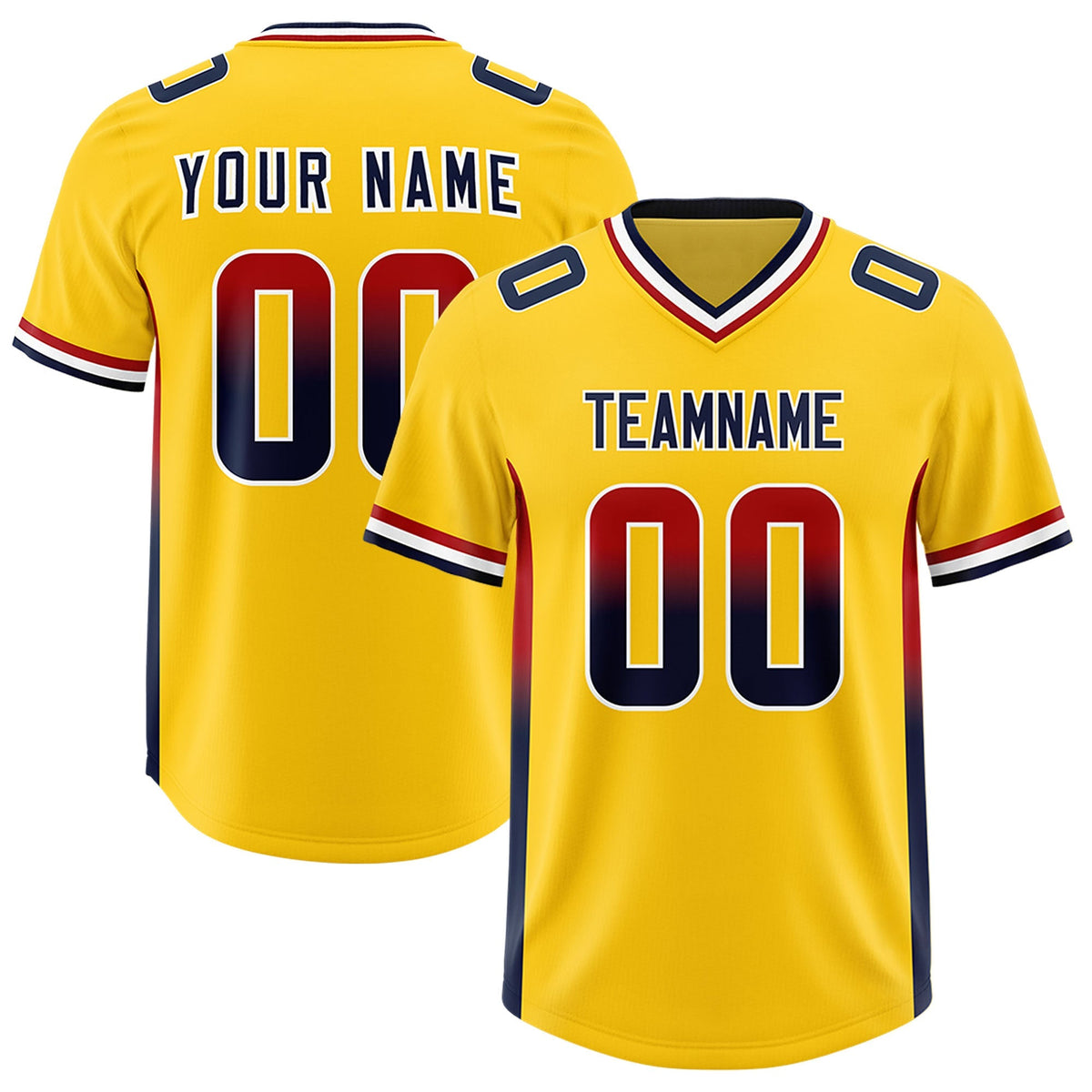 Custom Gold Red and Navy Sides Gradient Fashion Personalized Team American Football Jersey