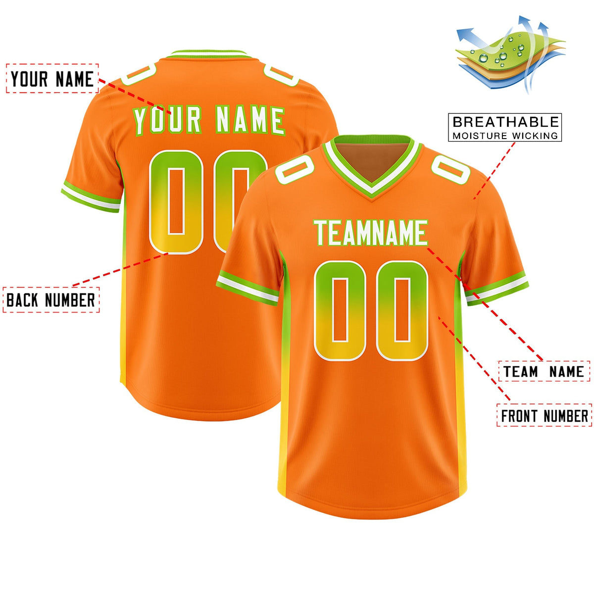 Custom Orange Neon Green and Gold Sides Gradient Fashion Personalized Team American Football Jersey