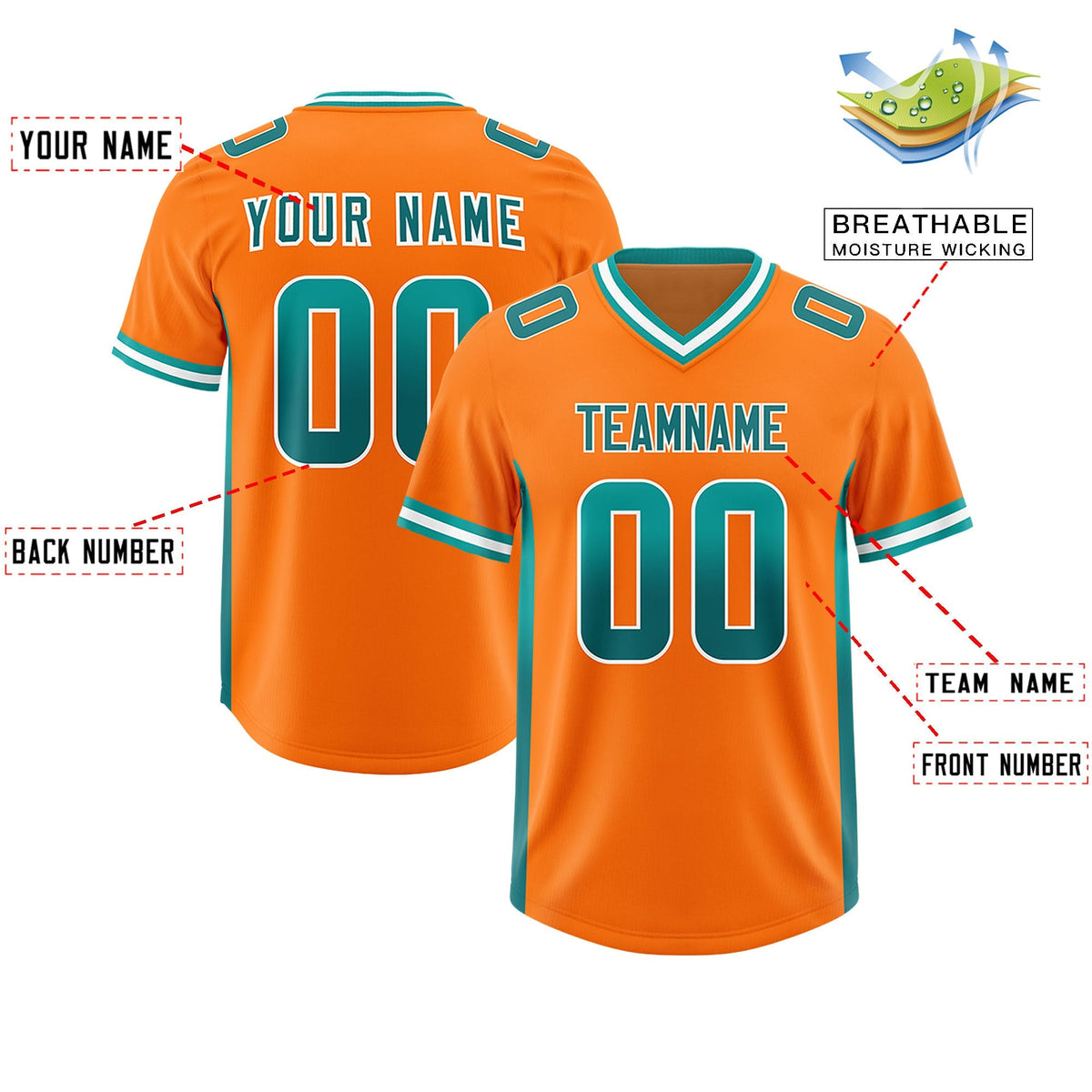 Custom Orange Aqua and Aqua Sides Gradient Fashion Personalized Team American Football Jersey