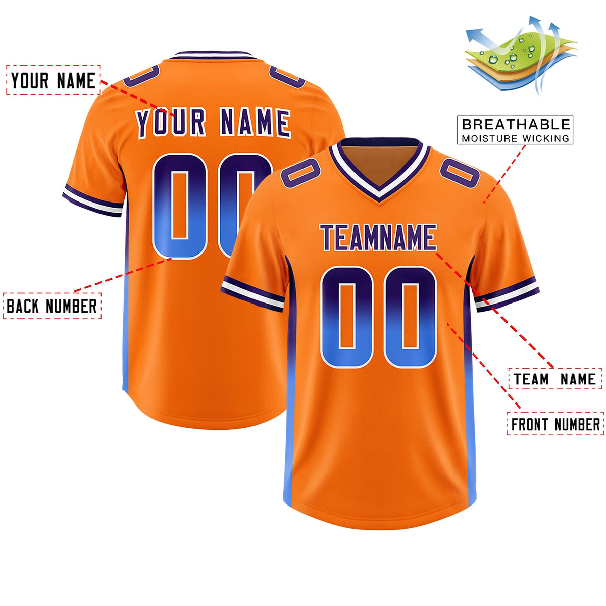 Custom Orange Purple and Powder Blue Sides Gradient Fashion Personalized Team American Football Jersey