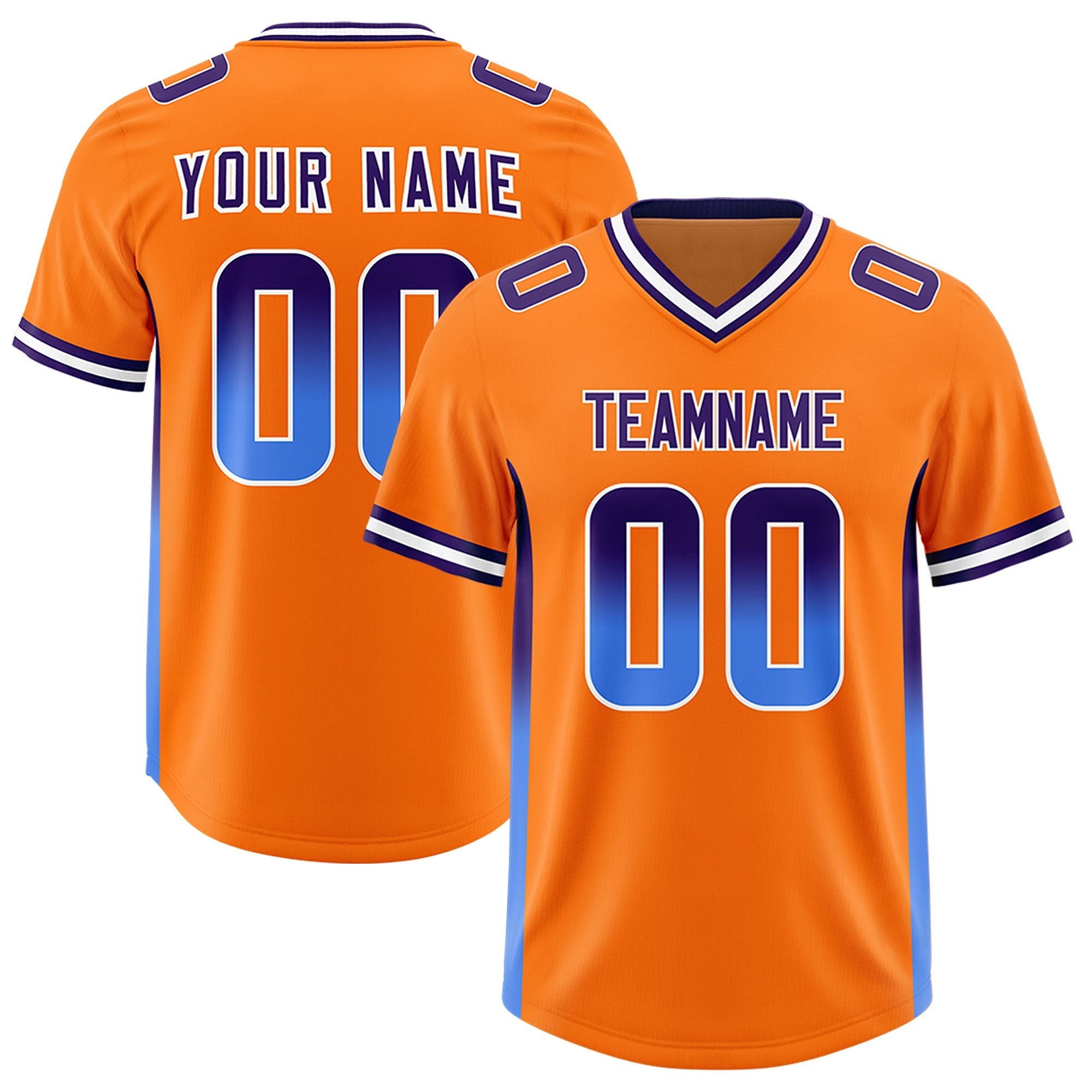 Custom Orange Purple and Powder Blue Sides Gradient Fashion Personalized Team American Football Jersey