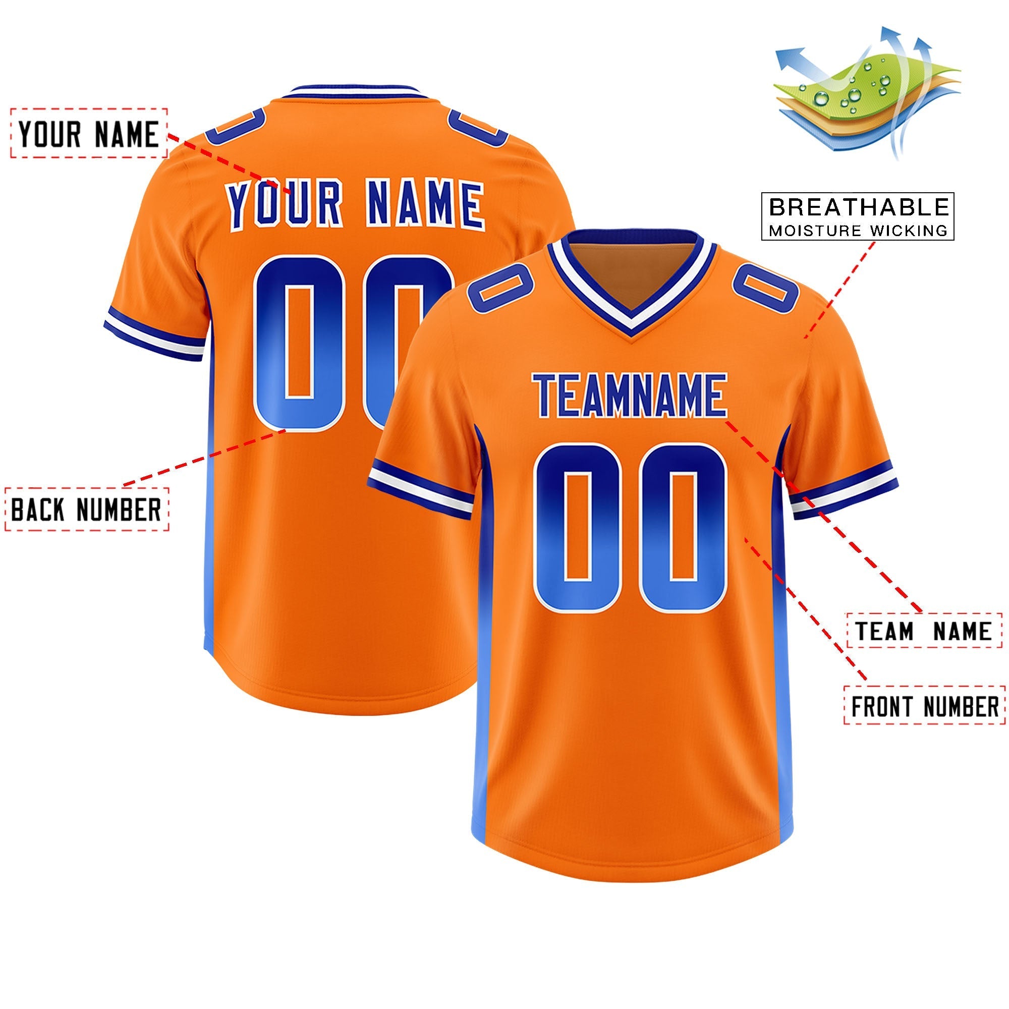 Custom Orange Royal and Powder Blue Sides Gradient Fashion Personalized Team American Football Jersey