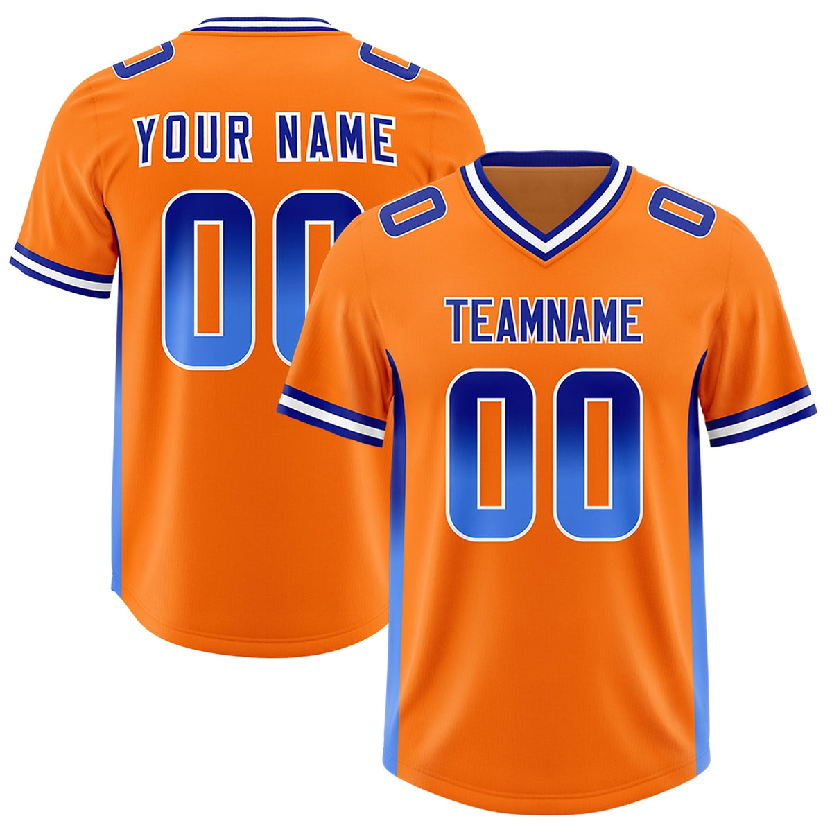 Custom Orange Royal and Powder Blue Sides Gradient Fashion Personalized Team American Football Jersey