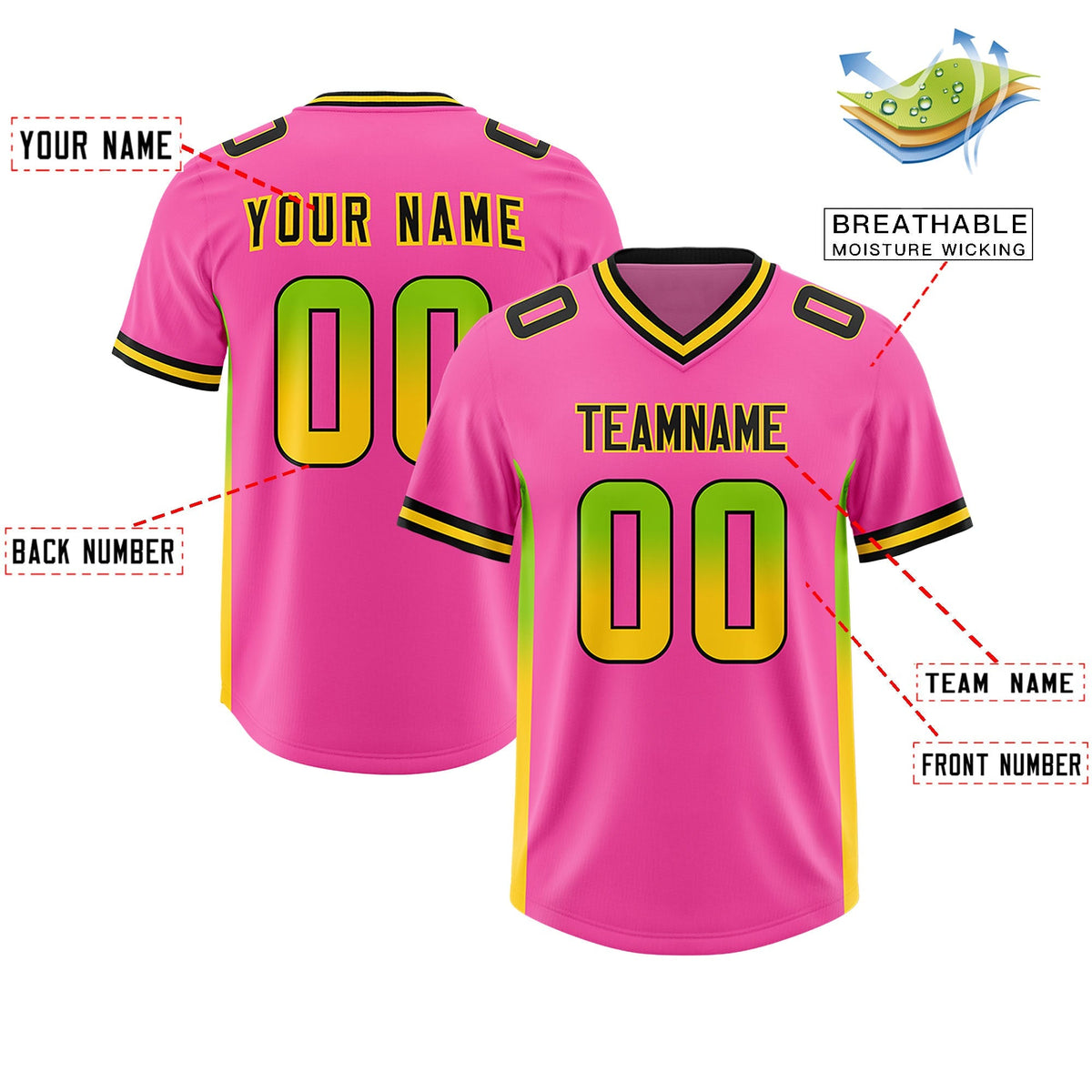 Custom Pink Neon Green and Gold Sides Gradient Fashion Personalized Team American Football Jersey