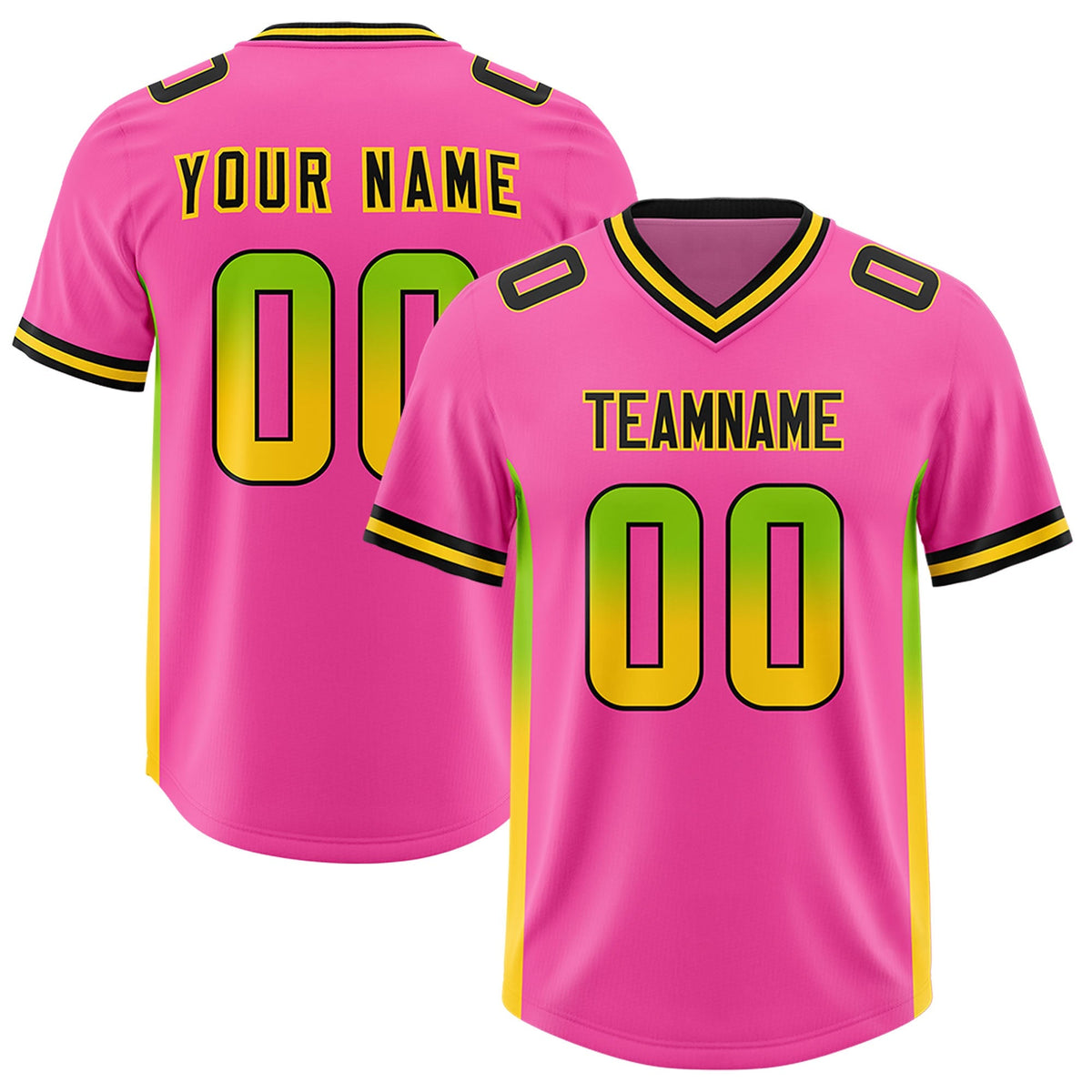 Custom Pink Neon Green and Gold Sides Gradient Fashion Personalized Team American Football Jersey
