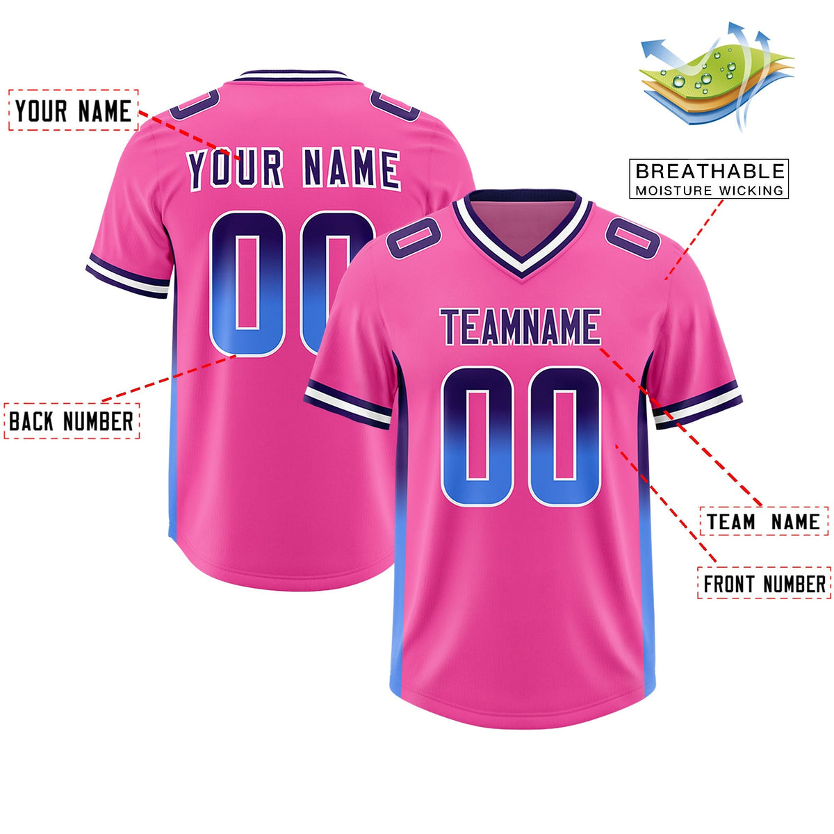 Custom Pink Purple and Powder Blue Sides Gradient Fashion Personalized Team American Football Jersey
