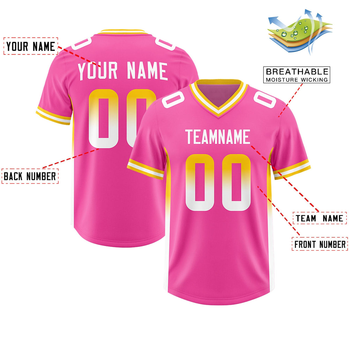 Custom Pink Gold Sides Gradient Fashion Personalized Team American Football Jersey