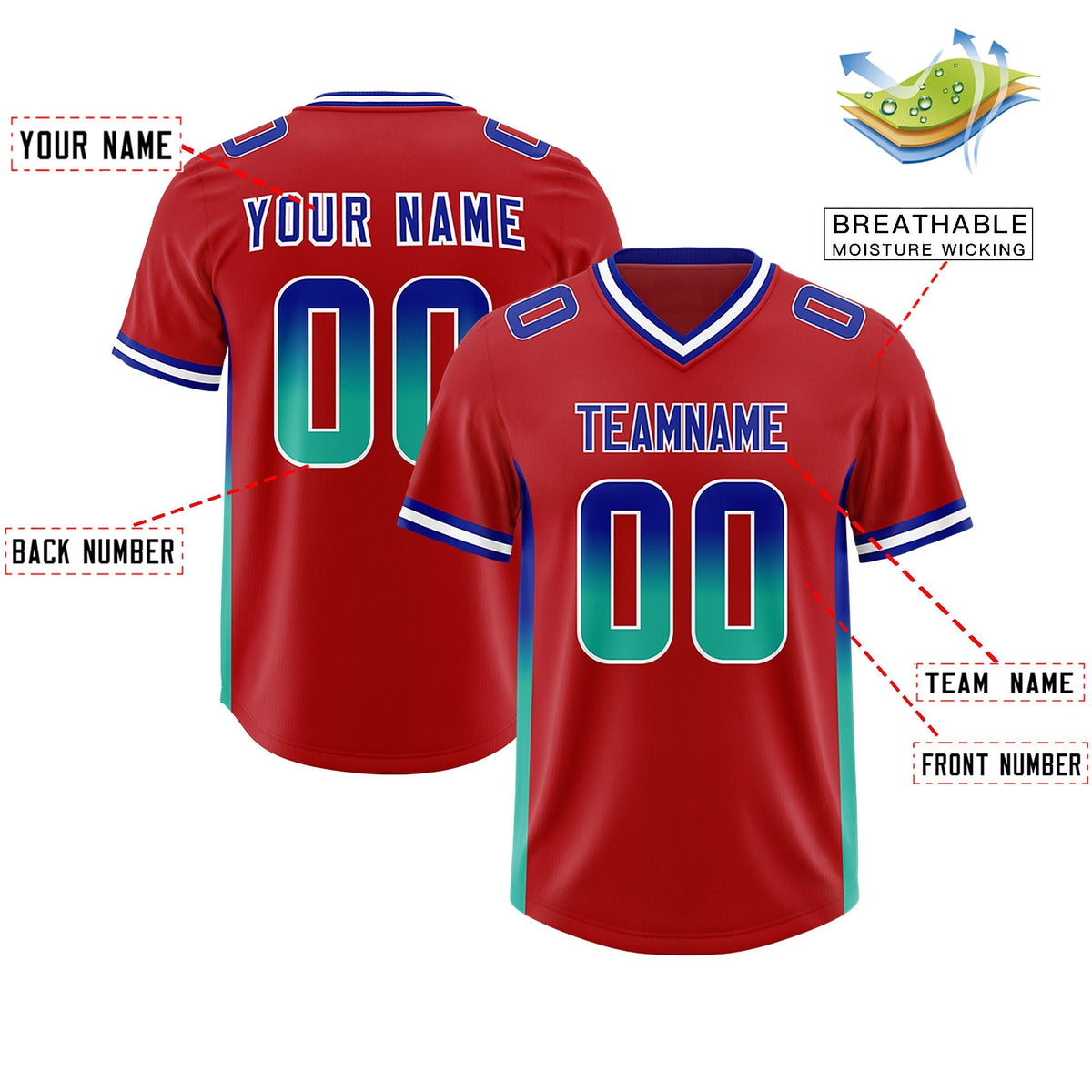 Custom Red Royal and Bright Green Sides Gradient Fashion Personalized Team American Football Jersey