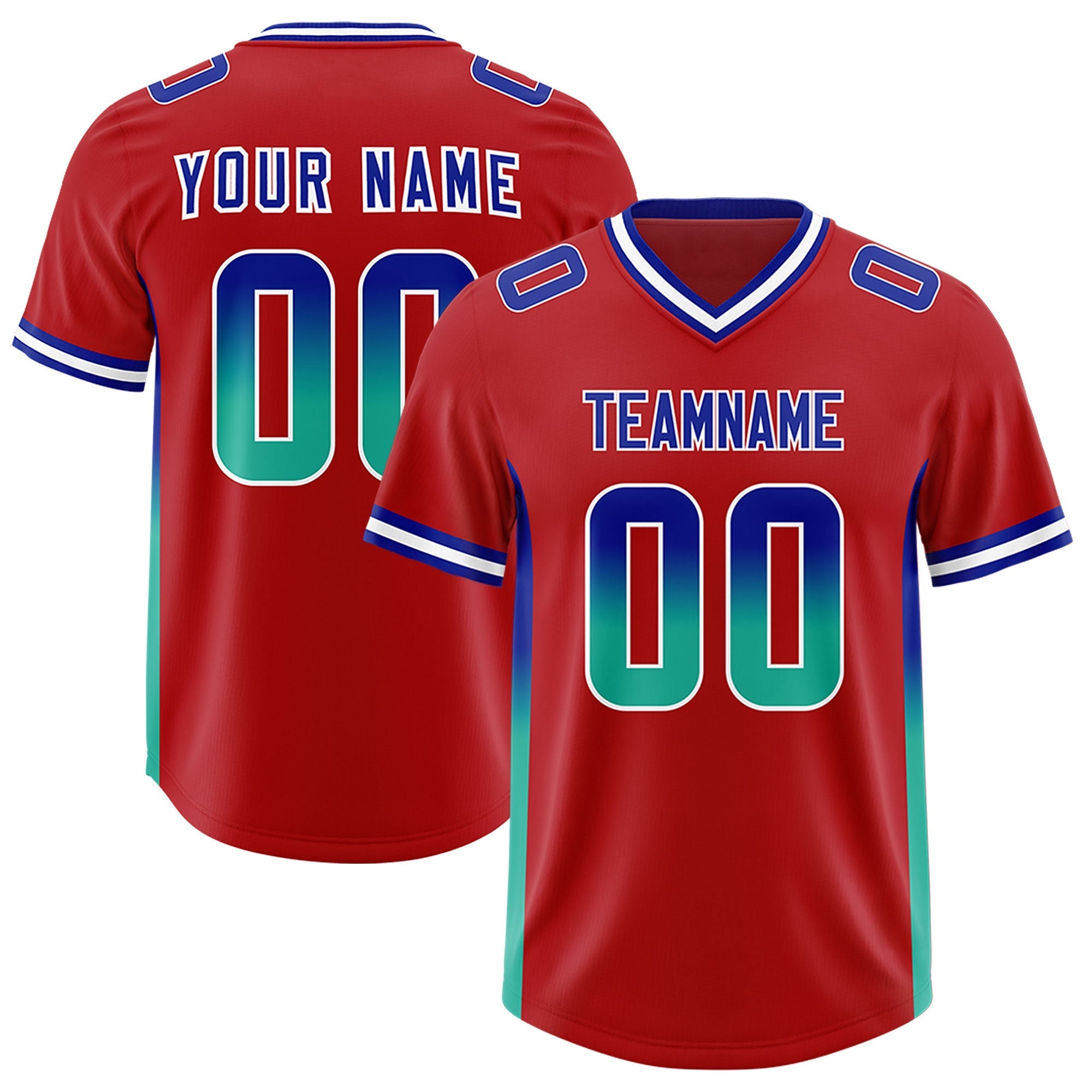 Custom Red Royal and Bright Green Sides Gradient Fashion Personalized Team American Football Jersey