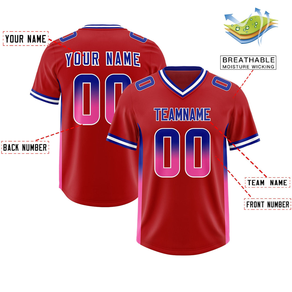 Custom Red Royal and Pink Sides Gradient Fashion Personalized Team American Football Jersey
