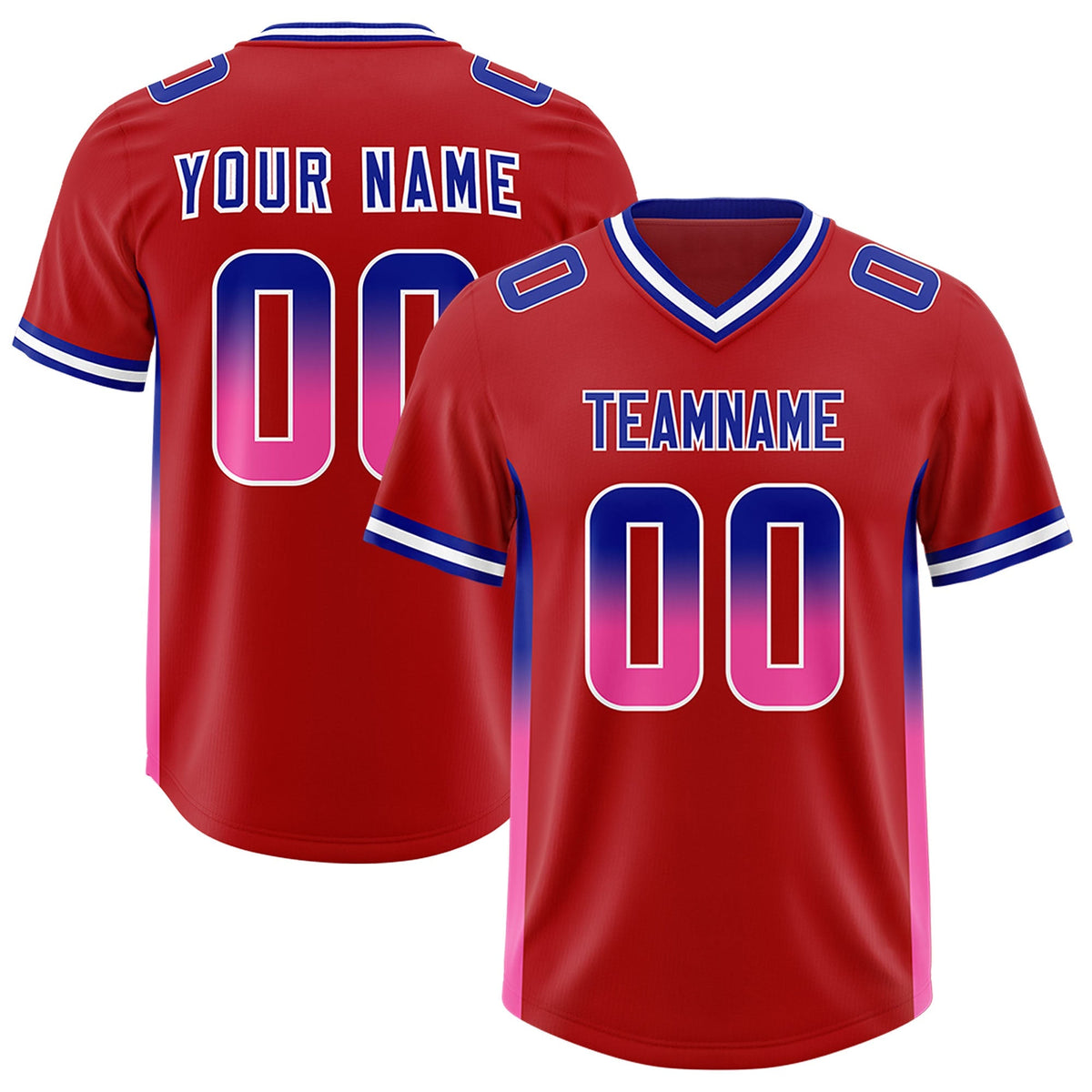 Custom Red Royal and Pink Sides Gradient Fashion Personalized Team American Football Jersey