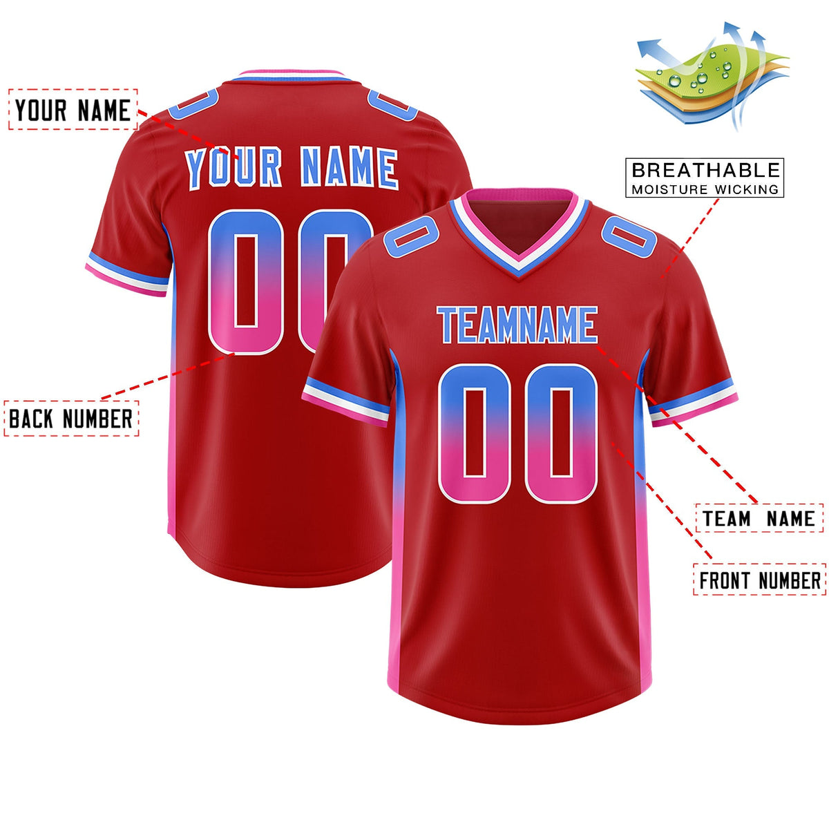 Custom Red Powder Blue and Pink Sides Gradient Fashion Personalized Team American Football Jersey