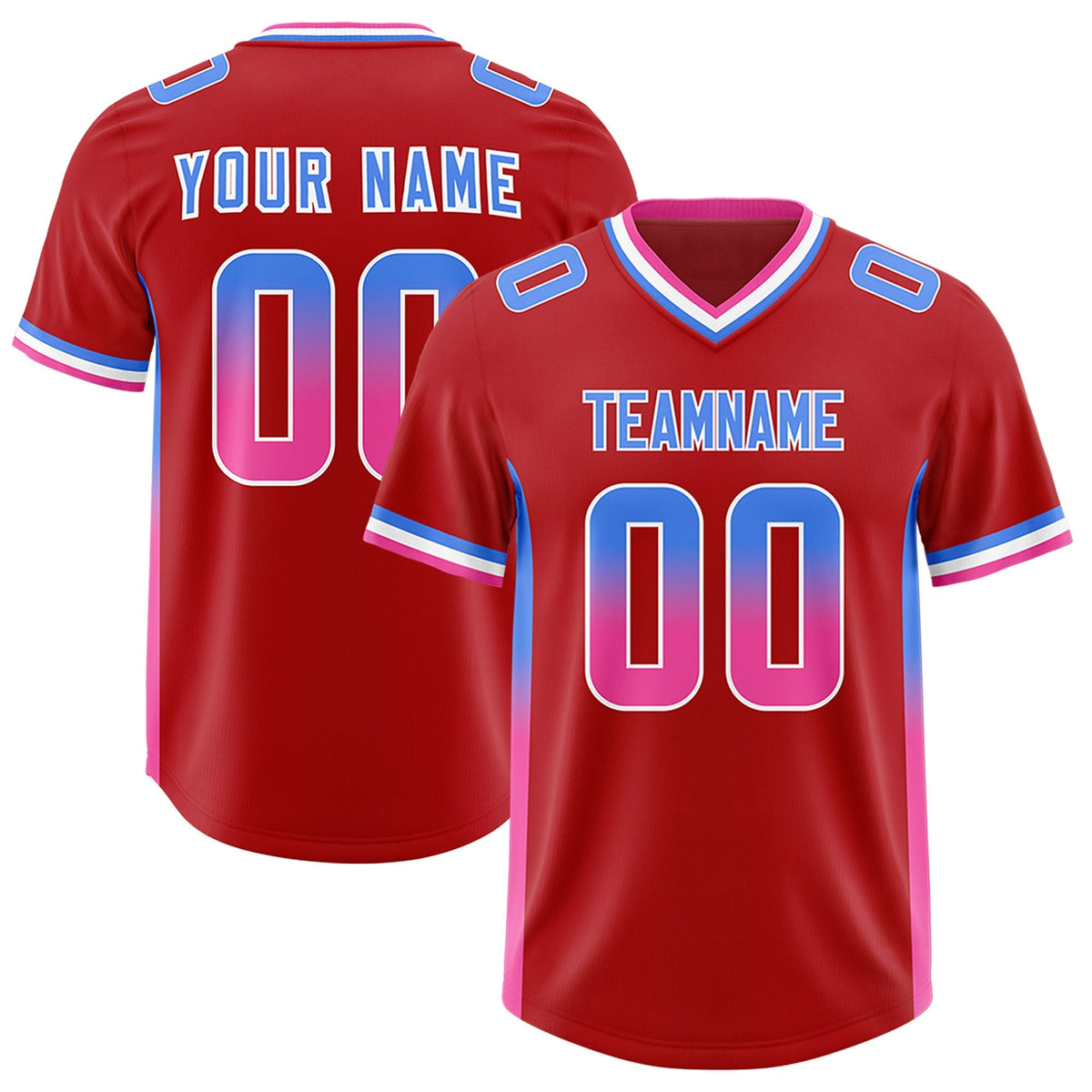 Custom Red Powder Blue and Pink Sides Gradient Fashion Personalized Team American Football Jersey