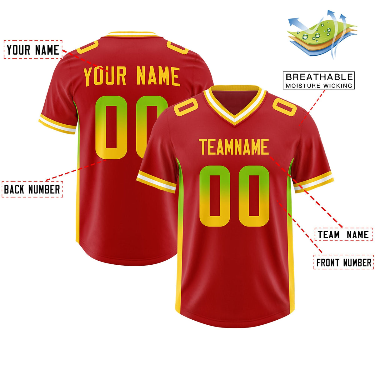 Custom Red Neon Green and Gold Sides Gradient Fashion Personalized Team American Football Jersey